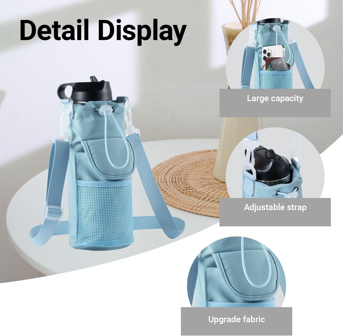 RRegeny【NEW STYLE Water Bottle Holder Crossbody Bag with Shoulder Strap, Leakproof Water Bottle Carrier for Hydro Flask16-40oz, Hands-Free Fitness Bag with Zipper Pockets for Hiking Travel Gym