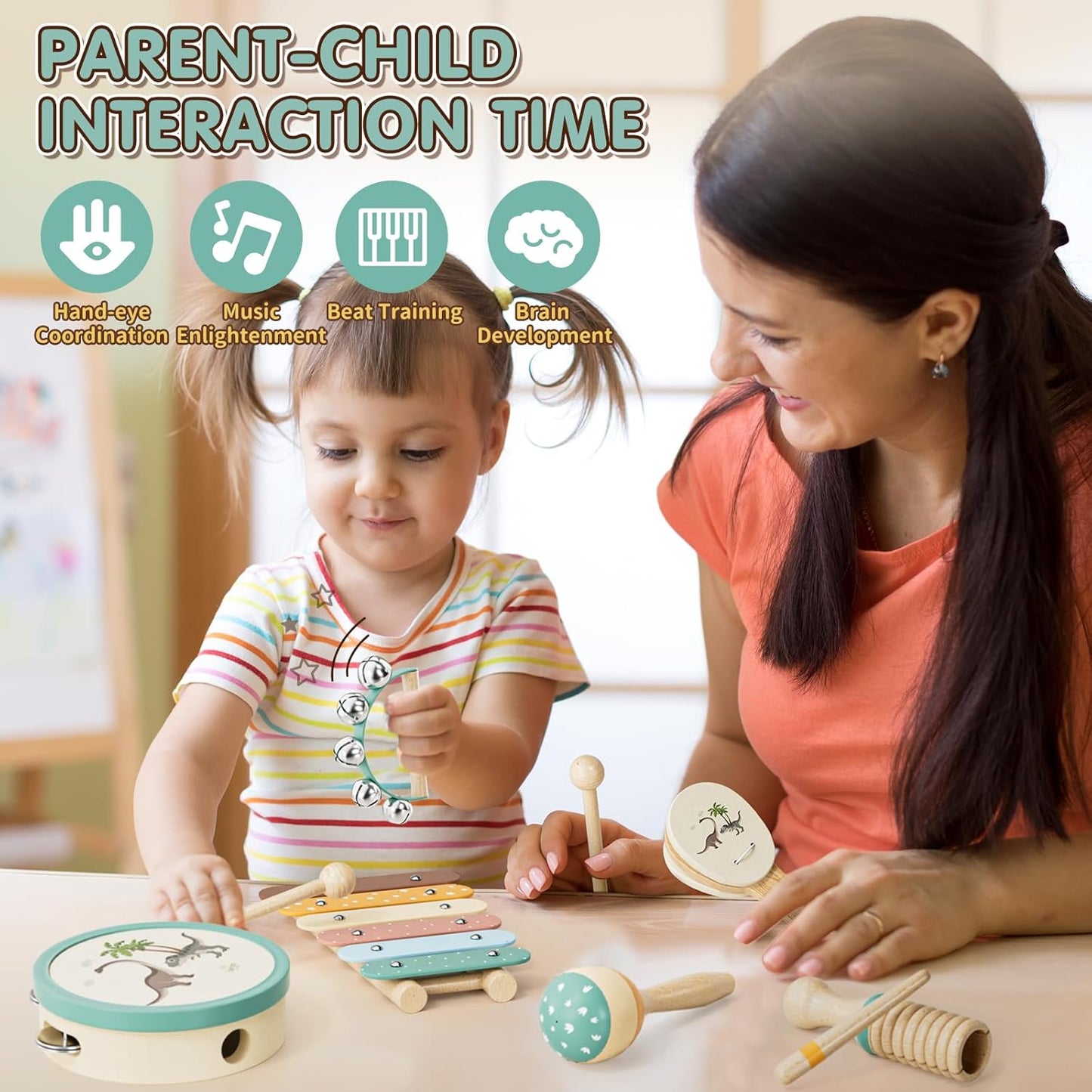 Baby Musical Instruments for Toddlers 1-3, Montessori Wooden Toys for 1 Year Old, Xylophone Maracas Percussion Set with Storage Bag, Learning Toys for Boys Girls Age 2-4, Christmas Birthday Gift