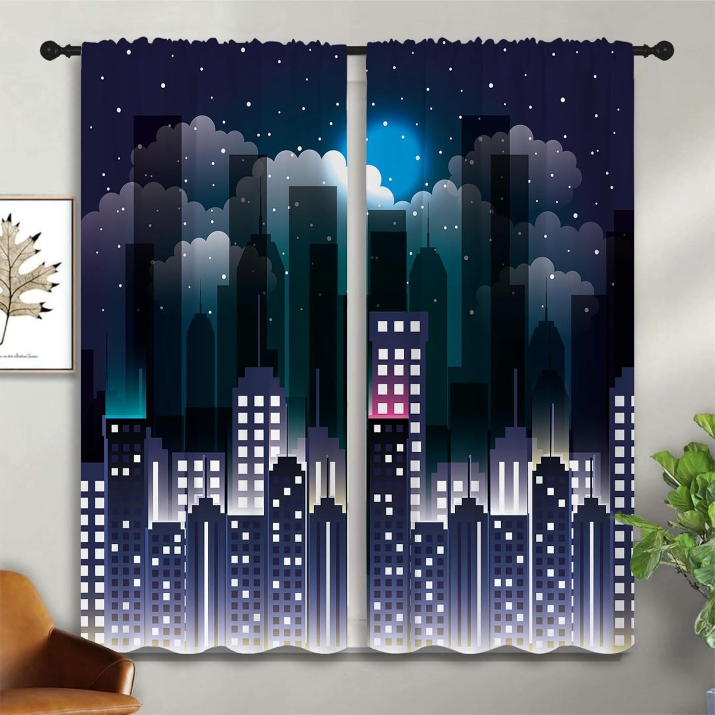 Superhero Rod Pocket Blackout Curtains for Boy Girl Bedroom, Violet Night Sky Buildings Cityscape Thermal Insulated Home Window Drapes for Living Room Darkening, 42x45 inch
