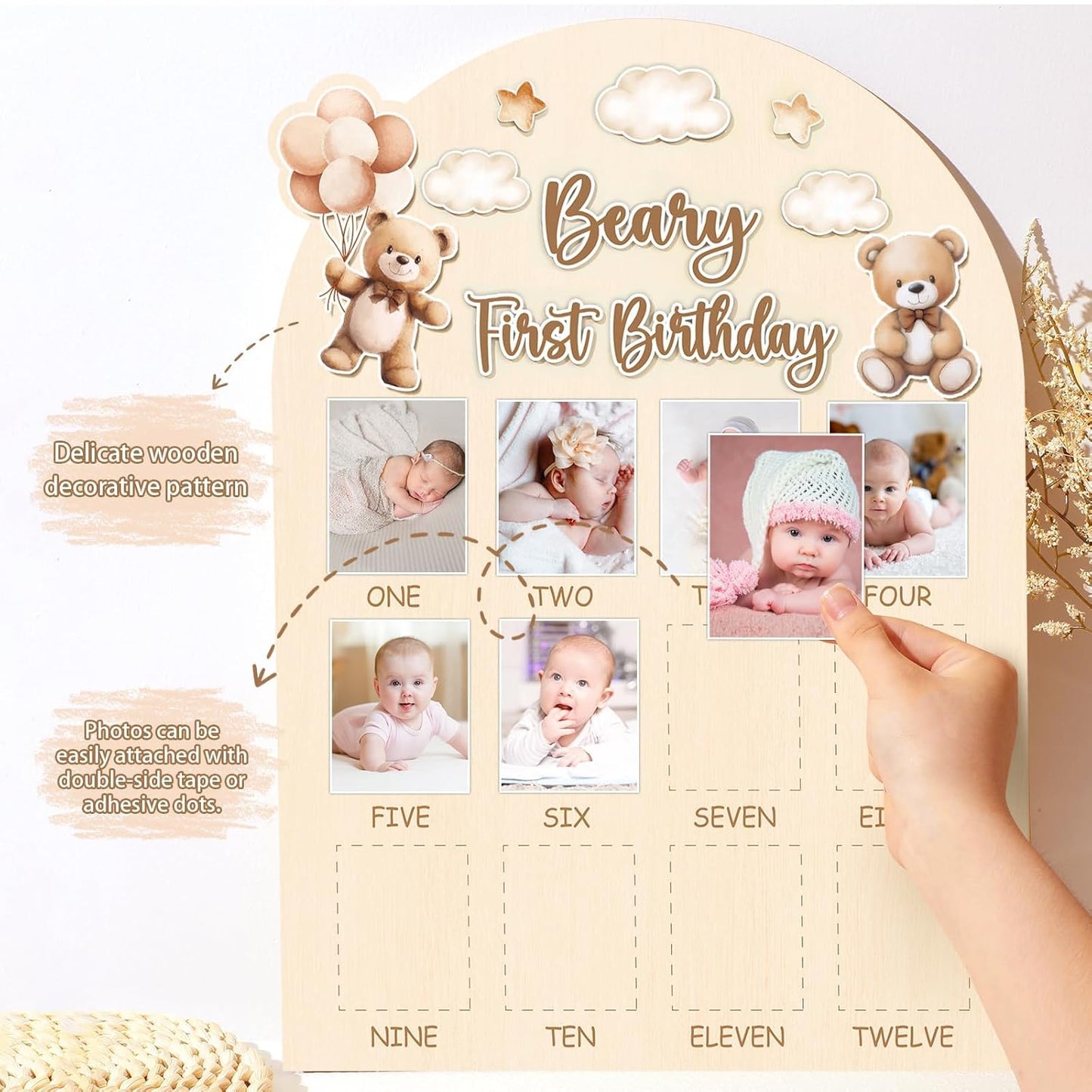 Beary First Birthday Photo Board Cute Bear Birthday Party Wooden Board Decorations 12 Monthly Milestone Picture Frame One Year Old Wood Sign 1st Birth Day Photo Banner for Baby Keepsake Gift Supplies