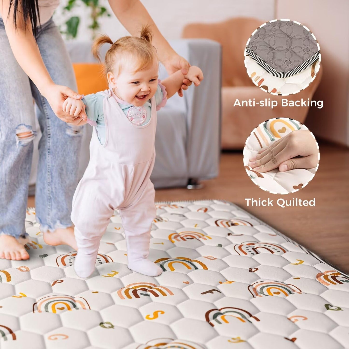 Boho Rainbow Baby Play Mat 71" X 59" Playpen Mat Thicken One-Piece Crawling Mat Non-Slip Cushioned Baby Floor Mat Letter Playmats for Babies Toddlers Infants Tummy Time Activity (71X59,Beige)