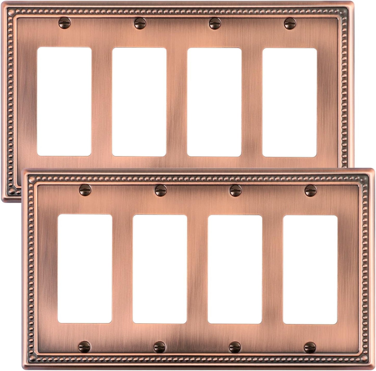 2-Pack Quad Decorator Outlet Cover Plate, Antique Copper Pearls Decorative Switch Plates and Outlet Covers, Metal Wall Plates for Electrical Outlets, Receptacle, GFCI Outlet, Dimmer Switch