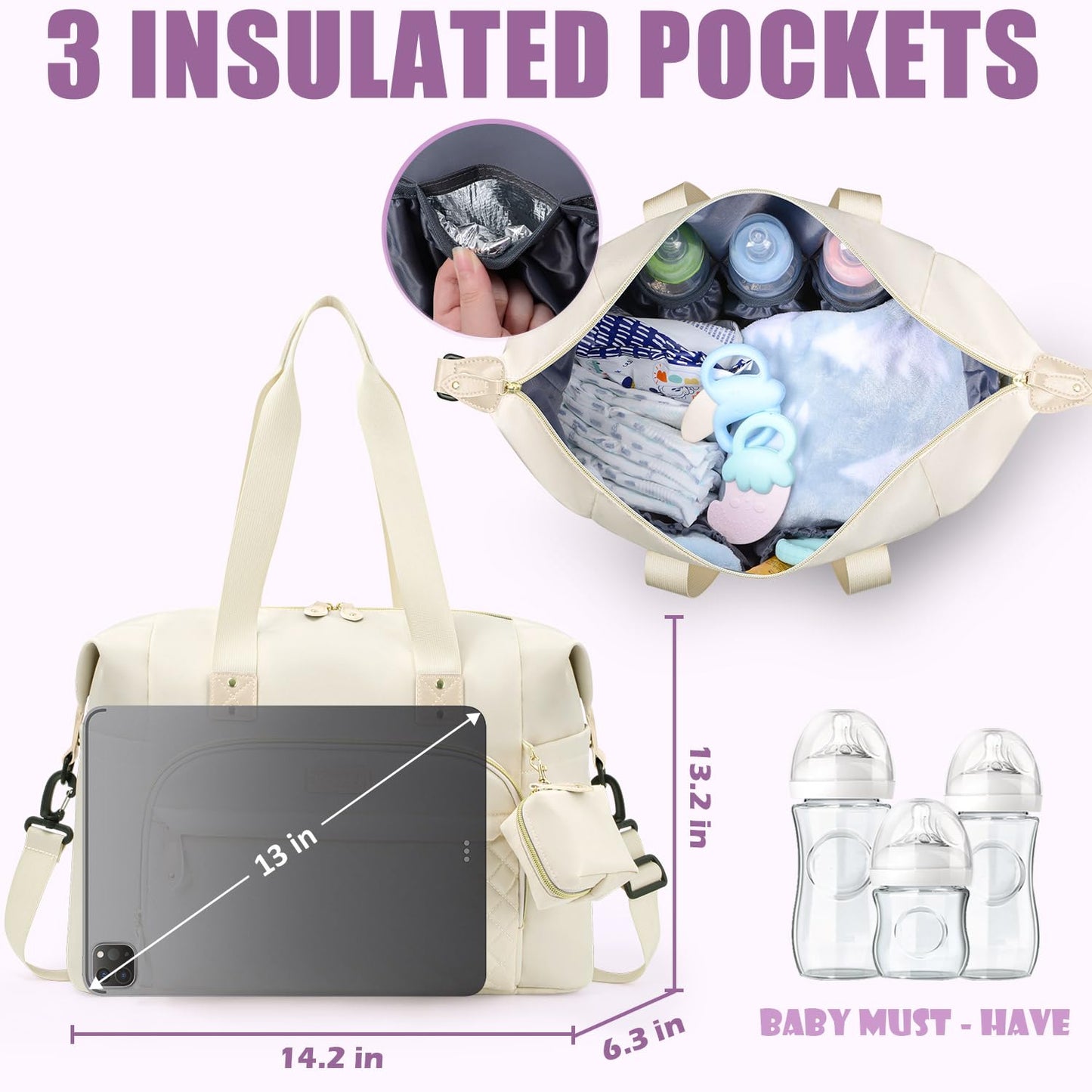 Tuwubi Diaper Bag Tote,Baby Diaper Bag with Pacifier Case Large Travel Diaper Tote Caddy for Mom and Dad Multifunction Large Baby Bag - M-White