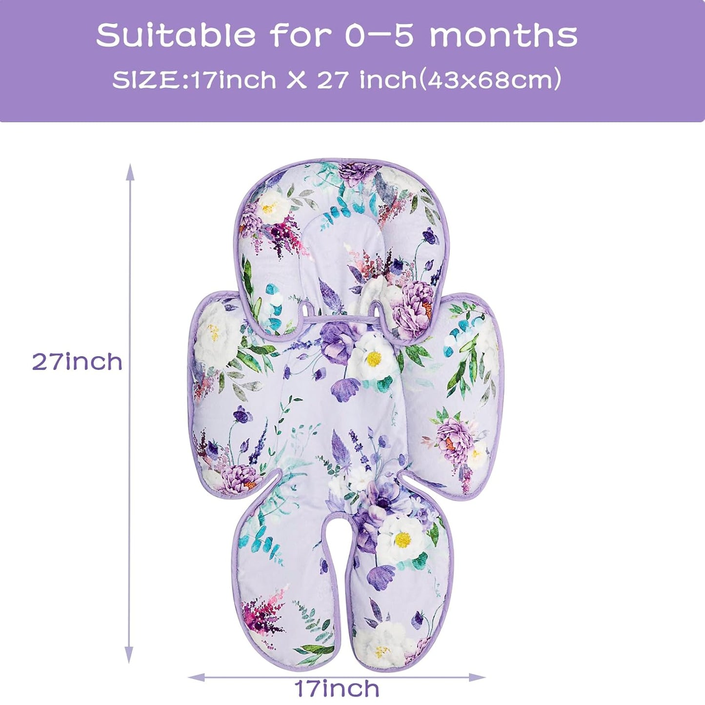 2 in 1 Infant Car Seat Insert, Car Seat Head Support Baby Girls Boys, Soft Newborn Carseat Insert Cushion, Perfect for Carseats, Strollers, Swings (Purple Flower)