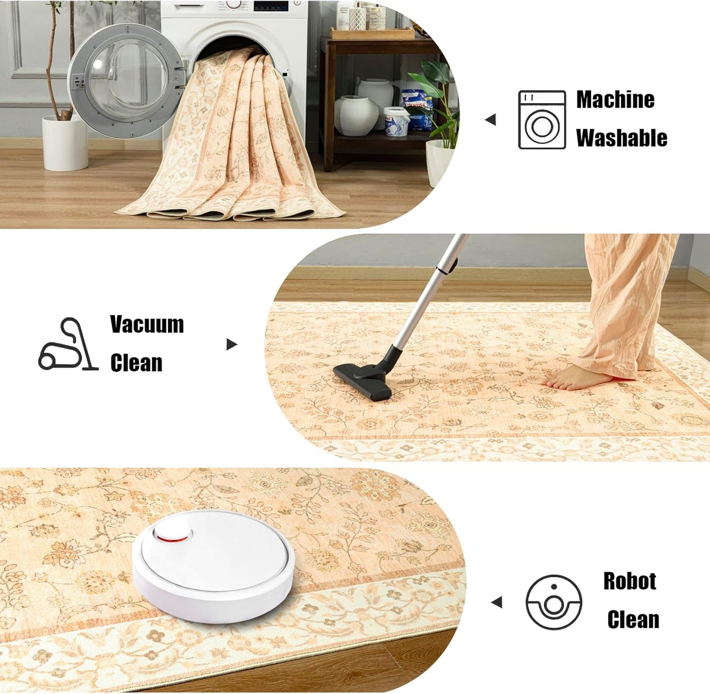 LOCHAS Washable Area Rugs 8x10, Peach Floral Rug for Living Room Bedroom Non Slip, Ultra Soft Vintage Indoor Carpet for Kids, Nursery, Dorm, Dining Room, Classroom, Boho Flower Home Decor, Low-Pile