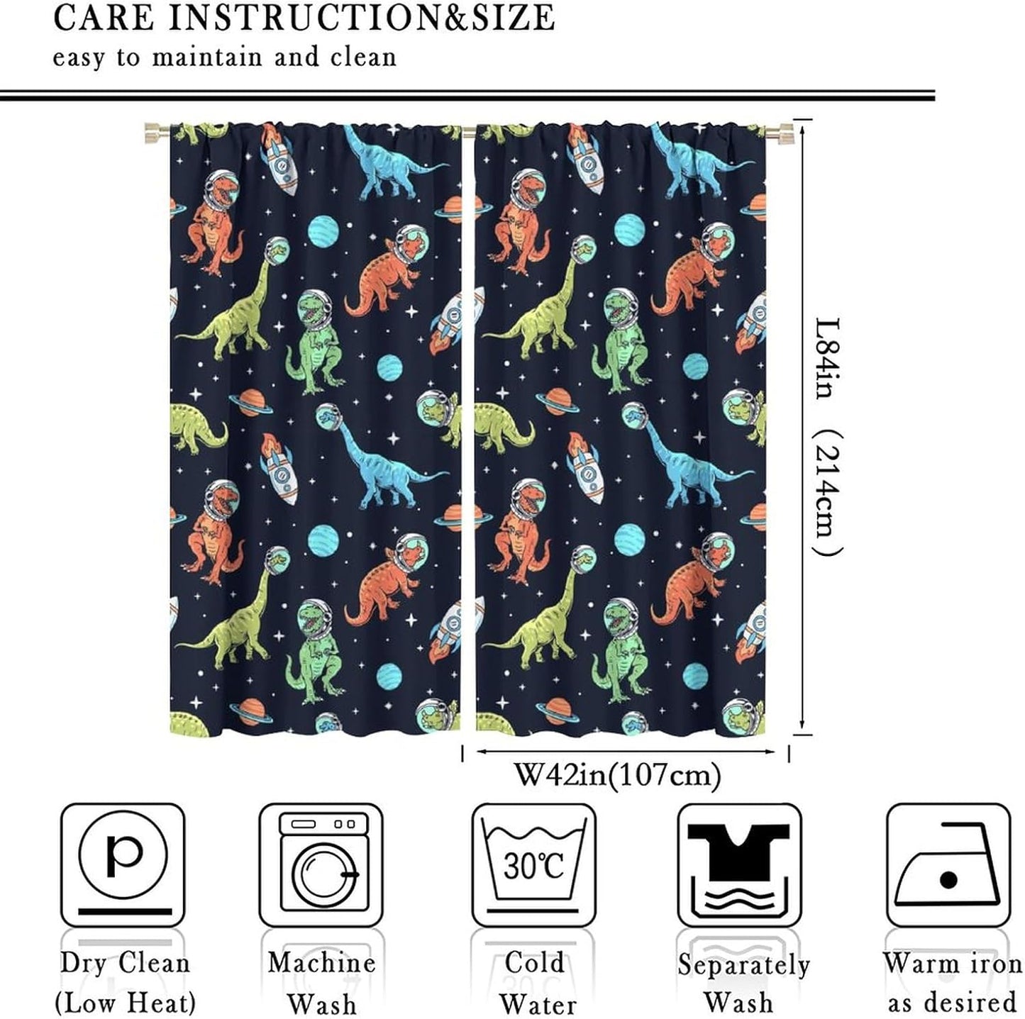 Cartoon Dinosaur Curtains for Kids Boys Girls Home Decor, Astronaut Rocket Funny Outer Space Blackout Rod Pocket Window Drapes for Bedroom Living Room W42xL84in 2 Panels