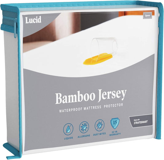 LUCID Premium Rayon from Bamboo Jersey Mattress Protector | Full Size Waterproof Mattress Protector | Ultra Soft, Fitted Sheet Style, White