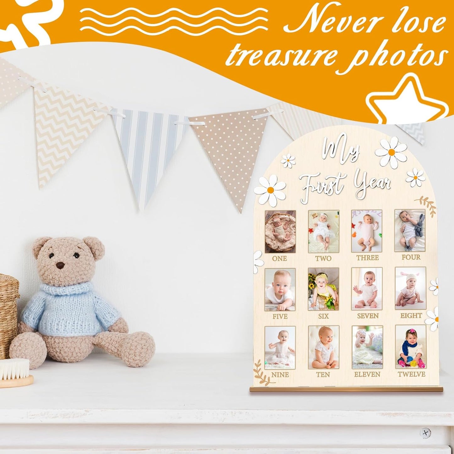 Daisy First Year Photo Board Flower Birthday Party Wooden Board Decorations 12 Monthly Milestone Picture Frame One Year Old Wood Sign 1st Birthday Photo Banner for Baby Girls Keepsake Gift Supply