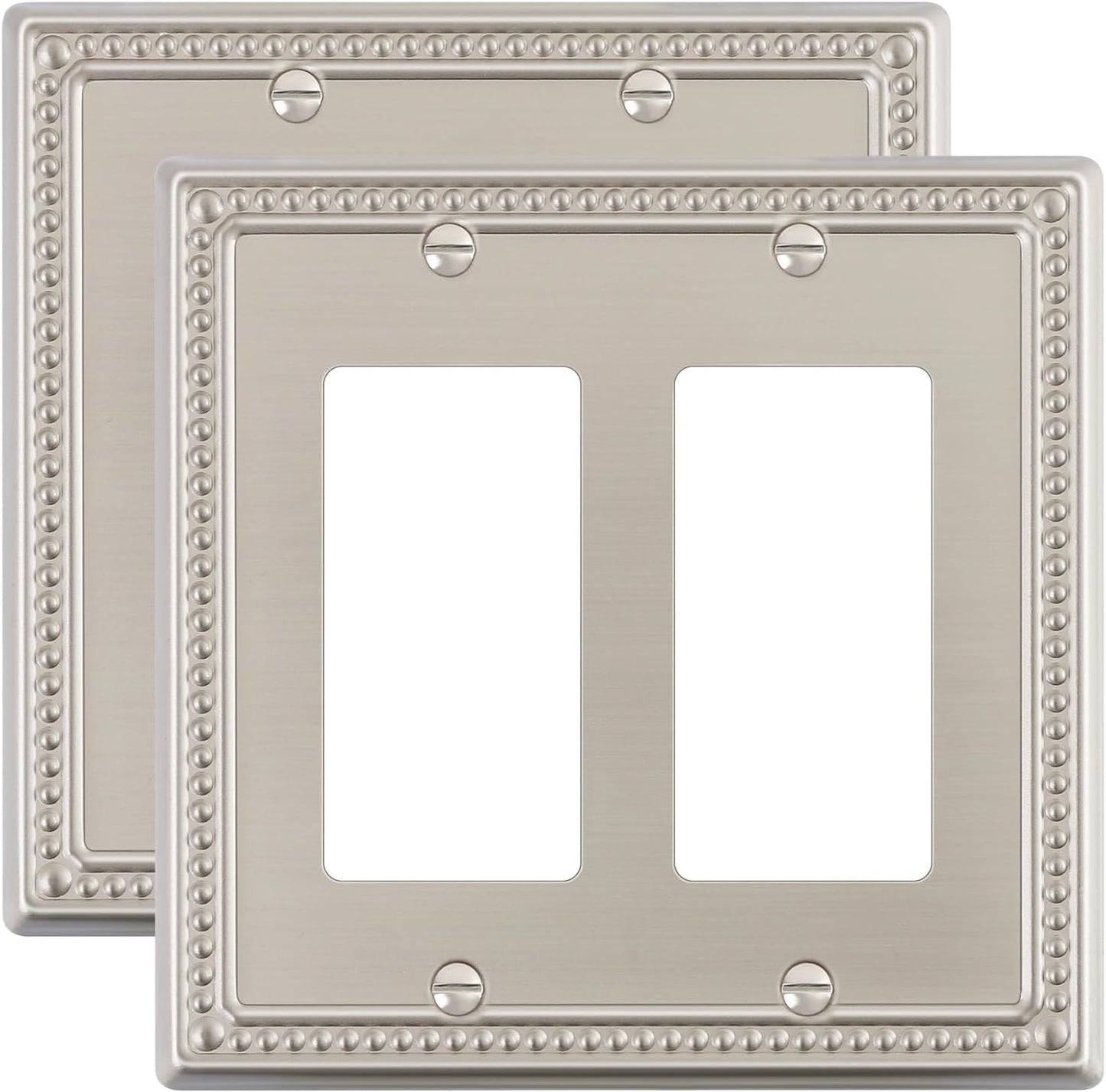 2-Pack Double Decorator Outlet Cover Plate, Pearls Decorative Switch Plates and Outlet Covers, 2 Gang Brushed Nickel Metal Wall Plates, Corrosion Resistant