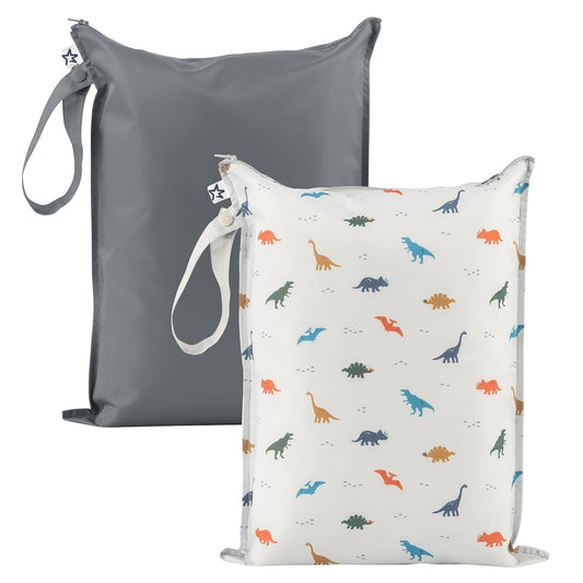 Tiny Twinkle Mess-Proof Waterproof Wet Dry Bag | 2-Pack Reusable Wet Bags for Swimsuits & Baby Clothes | Leakproof Wet Bag for Travel & Diaper Changes for Baby (Dinosaur)