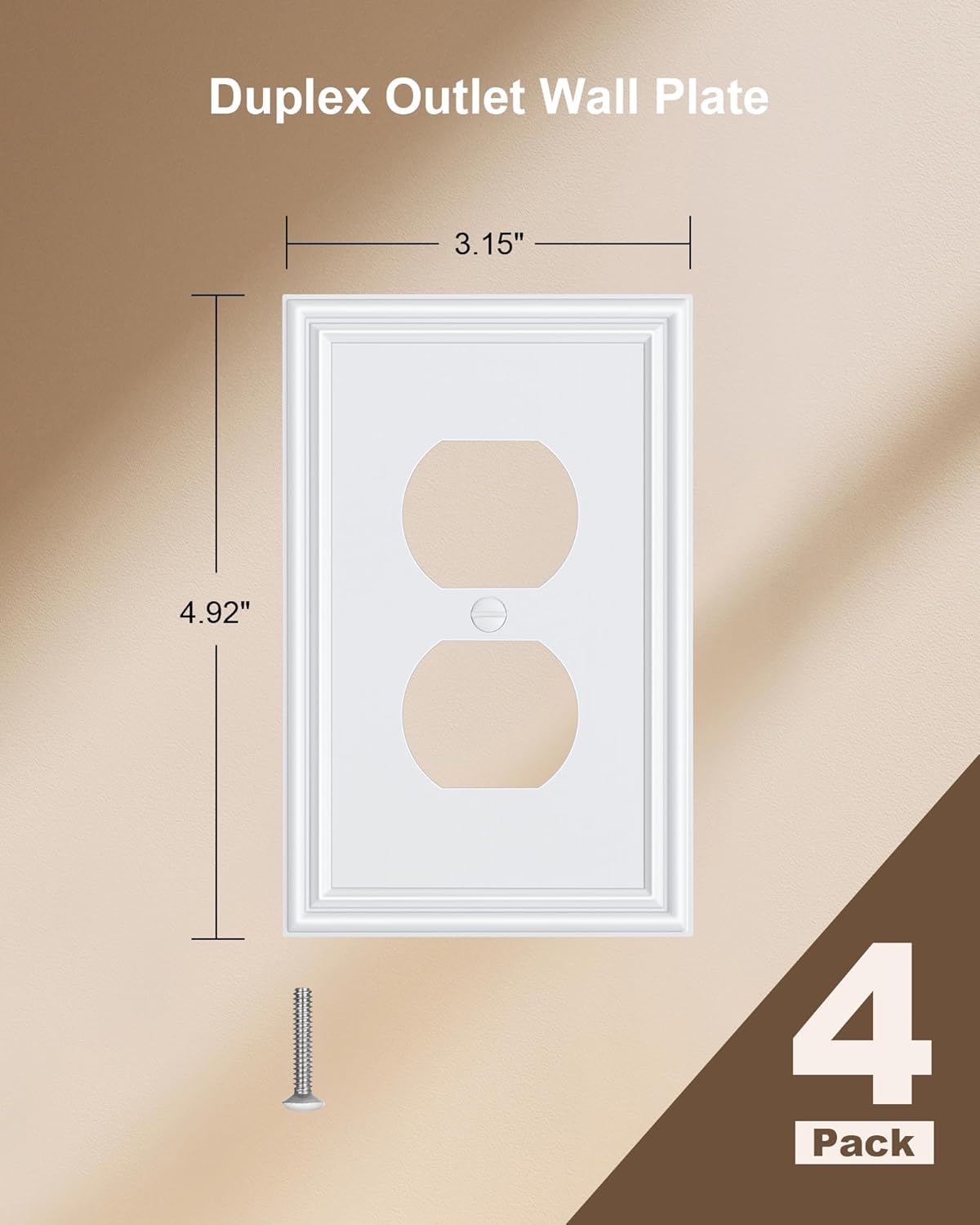 4-Pack Duplex Outlet Cover, Durable Solid Zinc Alloy Decorative Switch Plates and Outlet Covers, Pure White Wall Plates for Electrical Outlets, 1 Gang Receptacle Cover, Corrosion Resistant