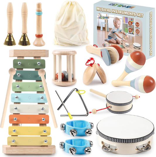 11 in 1 Baby Musical Instruments-Montessori Wooden Toys for Toddlers 1-3, Neutral Colors Percussion Instruments with Modern Boho Xylophone for Kids Preschool Educational 3+ with Storage Bag