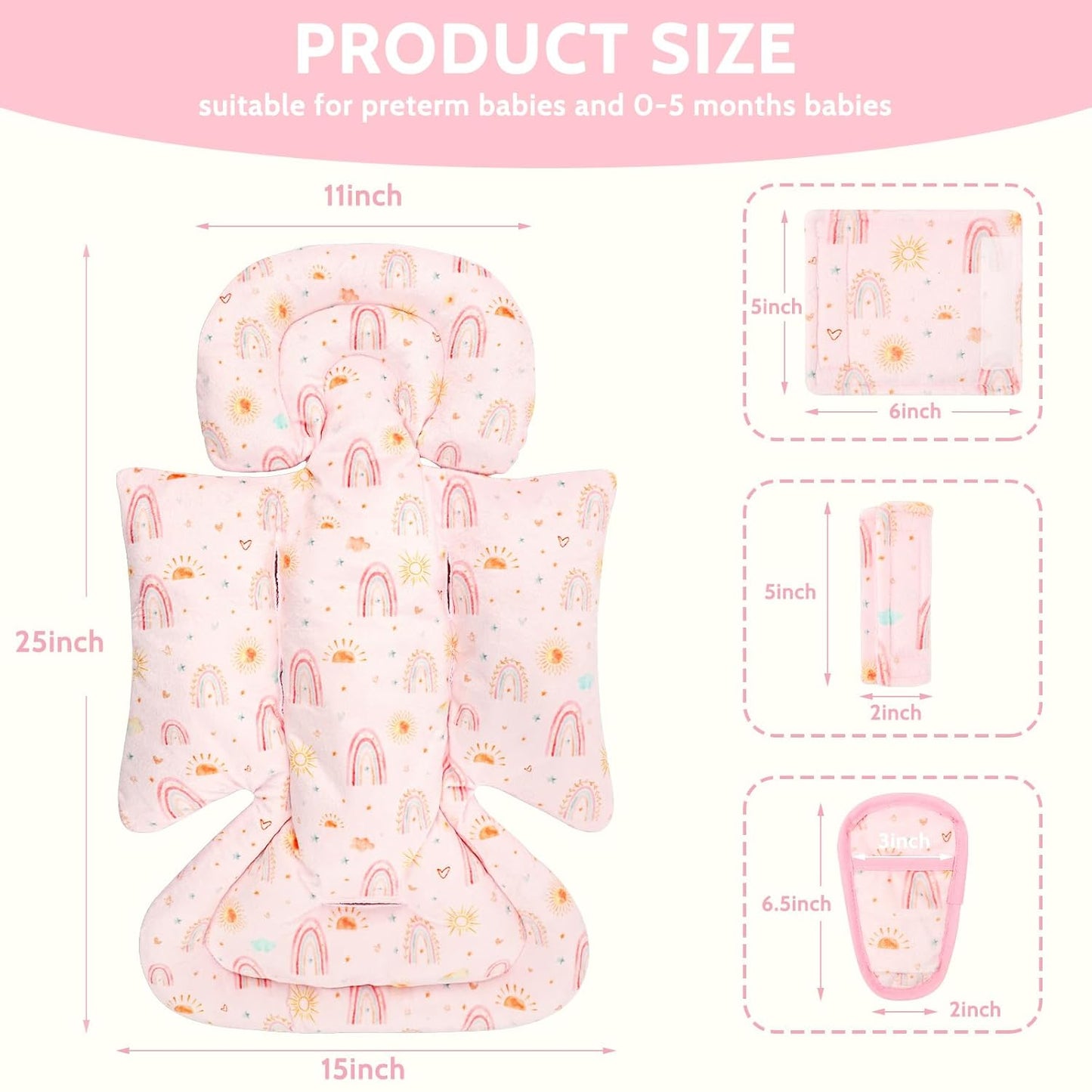 Infant Car Seat Insert and Strap Covers, Very Soft Car Seat Head Support Baby Girl Boy, Reversible Newborn Carseat Insert Cushion Fits for Stroller, Baby Swing, Bouncer (Pink Rainbow)