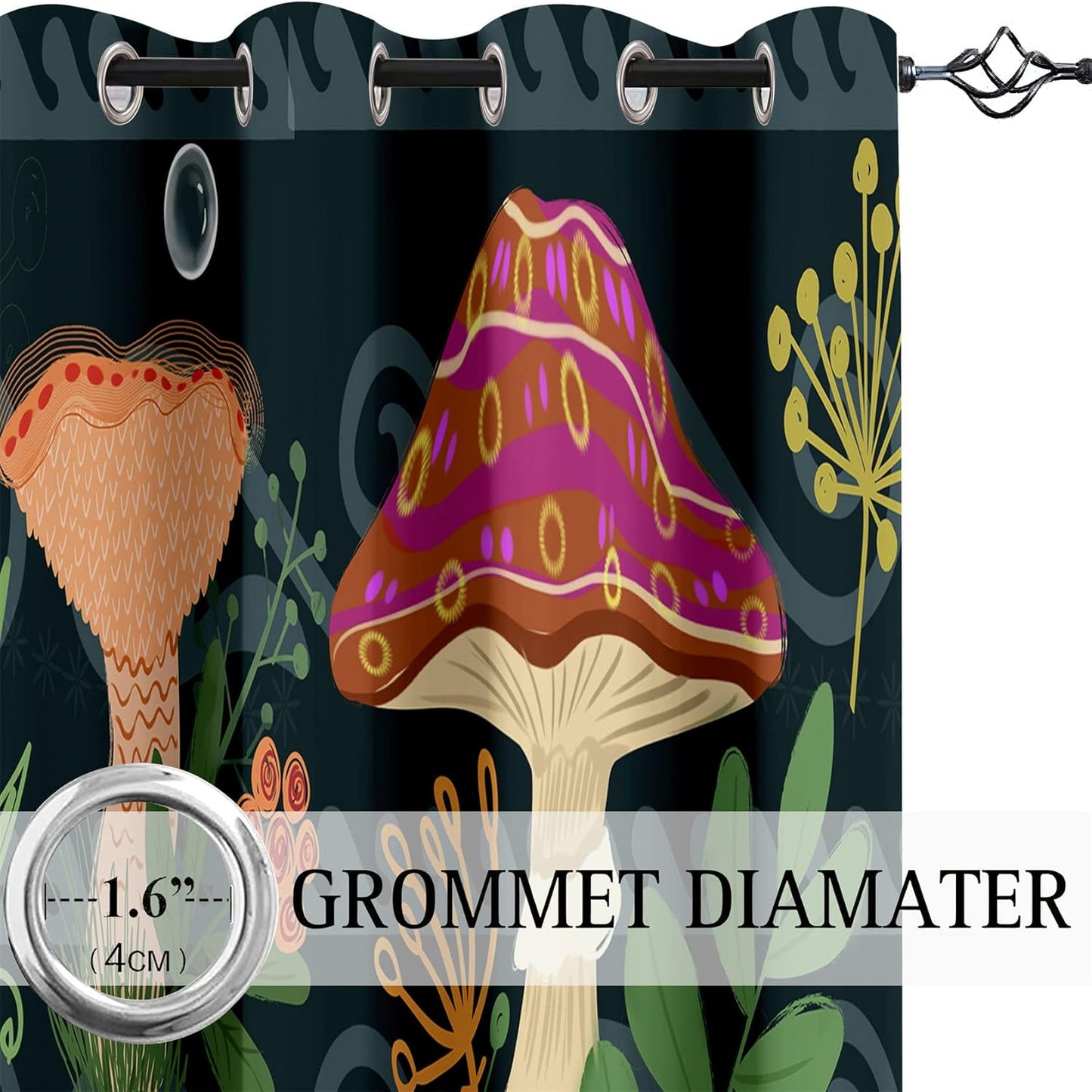 Mushrooms Curtains Panels for Kids Room Green Mushroom Blackout Curtains 63 inch Length for Kids Bedroom Living Nursery Room Grommet Top Thermal Insulated Curtains, 2 Pcs Panels, 82" x 63"