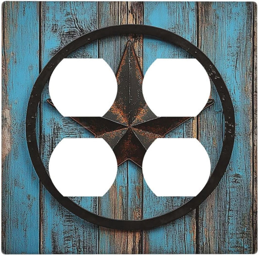 Outlet Covers Rustic Wood Country Barn Texas Star On Teal 2 Gang Double Duplex Decorative Light Switch Covers Electrical Wallplates Socket Faceplate For Farmhouse Cabin Decor