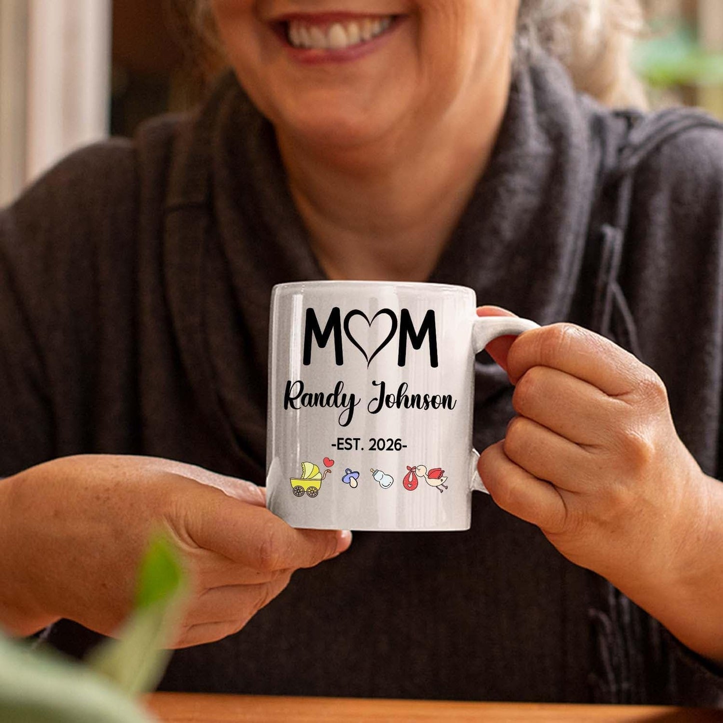 Customized Year & Name New Mom/Mother/Mama White Tea Cup 11 15Oz, Mom EST 2026 Coffee Mug, Personalized Accent Ceramic Cup Gift For First Time Mommy or Wife From Family Husband on Birthday Holiday