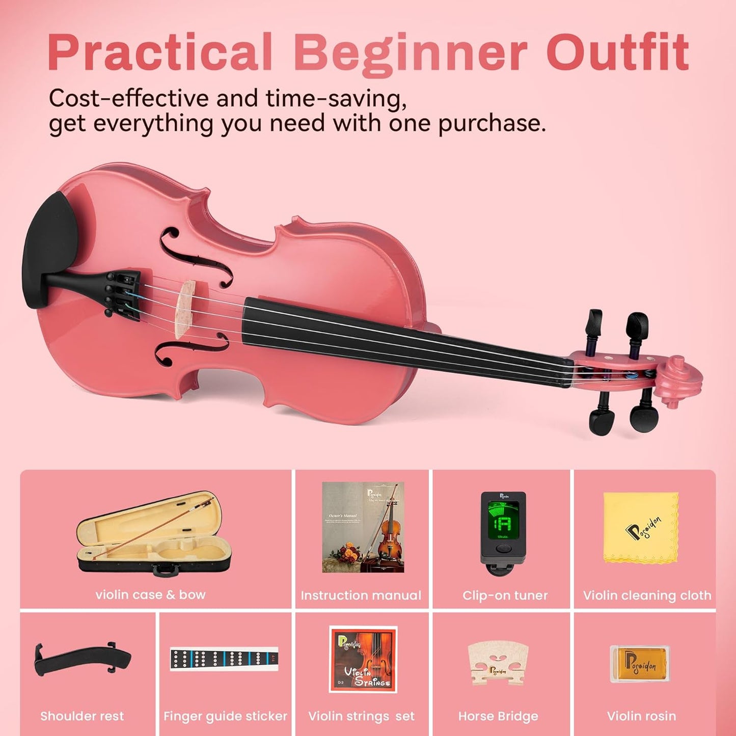 Poseidon Kids Violin Beginner, 1/2 Size Violins, Pink Violin Set Include Case, Rosin, Bow, Horse Bridge, Extra Violin Strings, Shoulder Rest, Manual Instruction