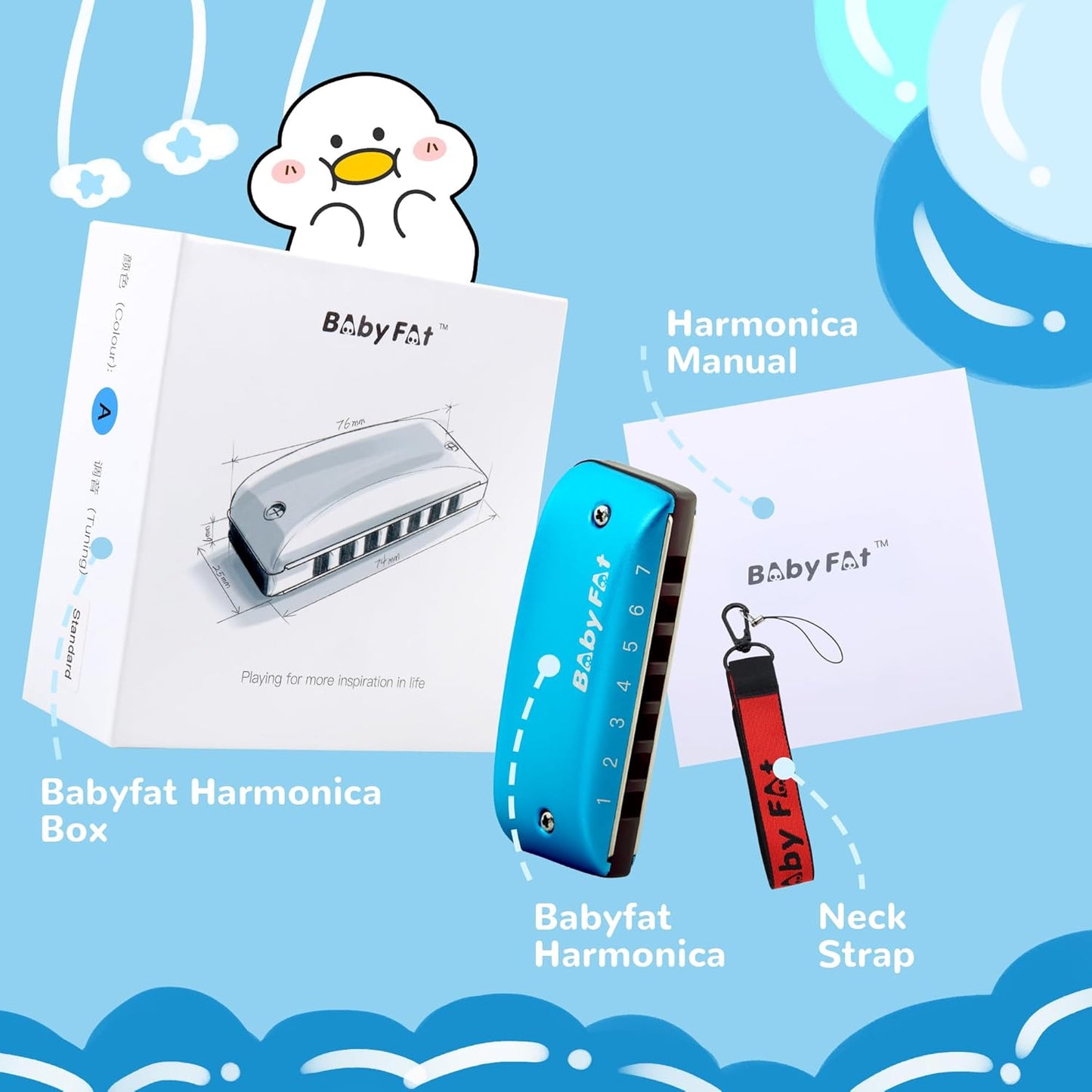BabyFat 7 Hole Blues Mini Harmonica Set,Diatonic Harmonica with free lanyards,Gifts for Kids and Beginners,Easy-playing Musical Instrument(A Key）
