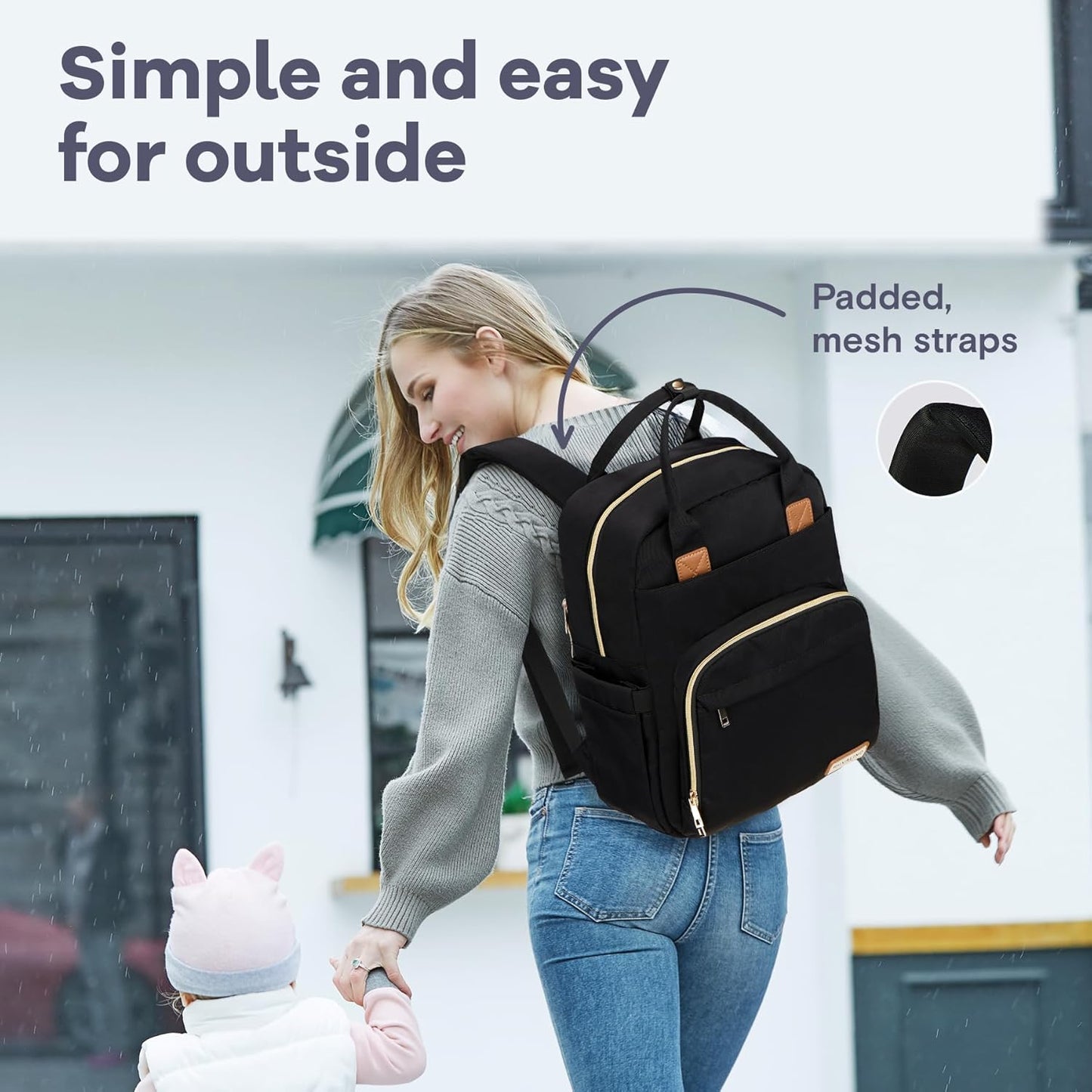 RUVALINO Diaper Bag Backpack-Multifunction Baby Travel Bag, Insulated Bottle Holders & Large Capacity, Waterproof, Deep Black