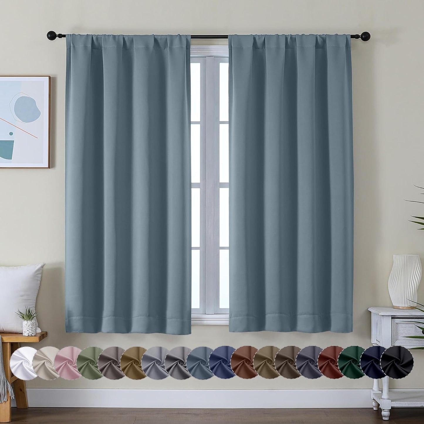 Simplebrand Ava Stone Blue Short Blackout Curtains for Bedroom 54 Inches Long 2 Panels Set, Solid Thermal Insulated, Energy Saving Window Treatment Curtains Blackout Drapes, W40 x L54 Inch, Stone Blue