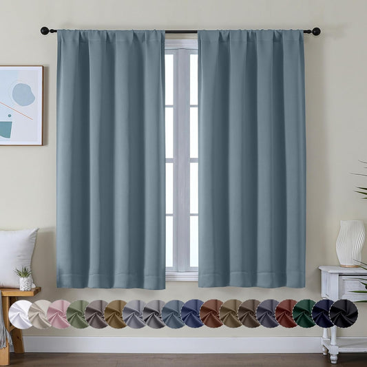 Simplebrand Ava Stone Blue Short Blackout Curtains for Bedroom 54 Inches Long 2 Panels Set, Solid Thermal Insulated, Energy Saving Window Treatment Curtains Blackout Drapes, W40 x L54 Inch, Stone Blue