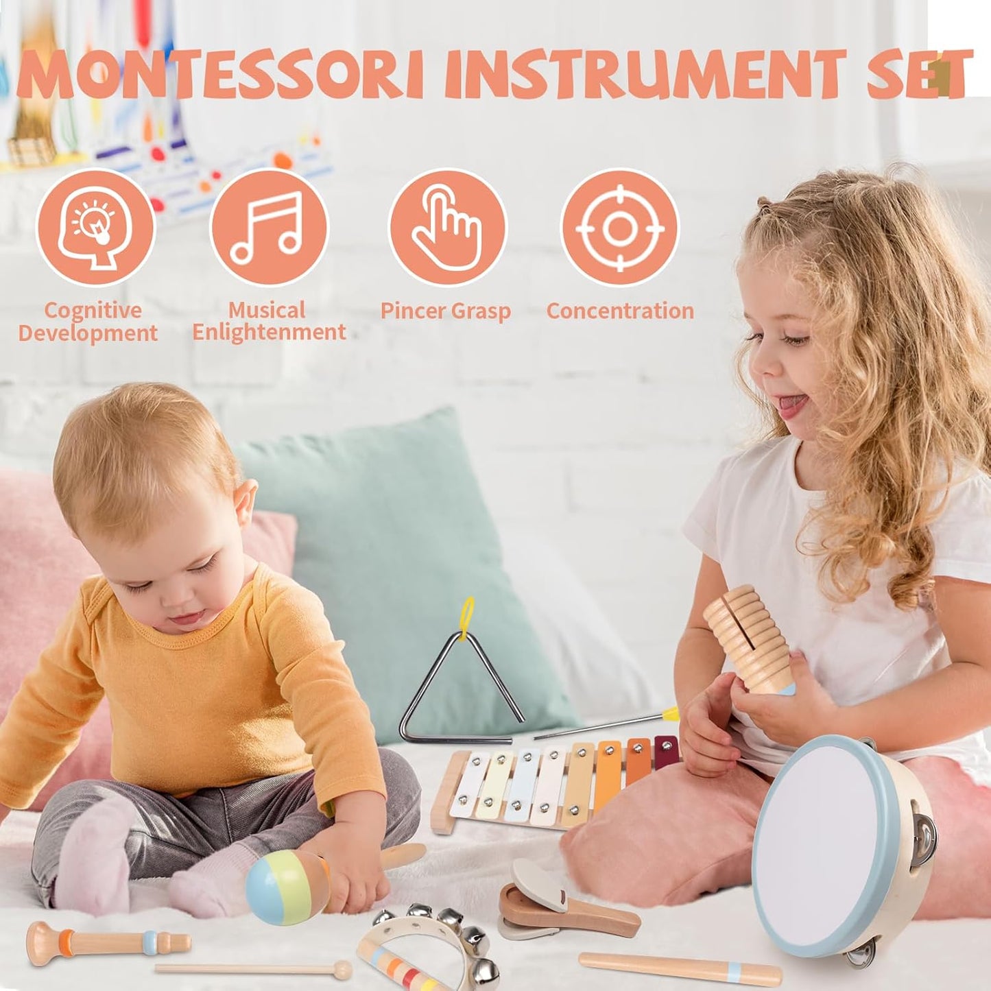 Baby Musical Instruments Set - Montessori Wooden 18 Month Old Baby Musical Toys, Toddler Percussion Instruments Xylophone Maracas Tambourine for Kids, 2 3 4 Year Old Baby Girls Boys Birthday Gifts