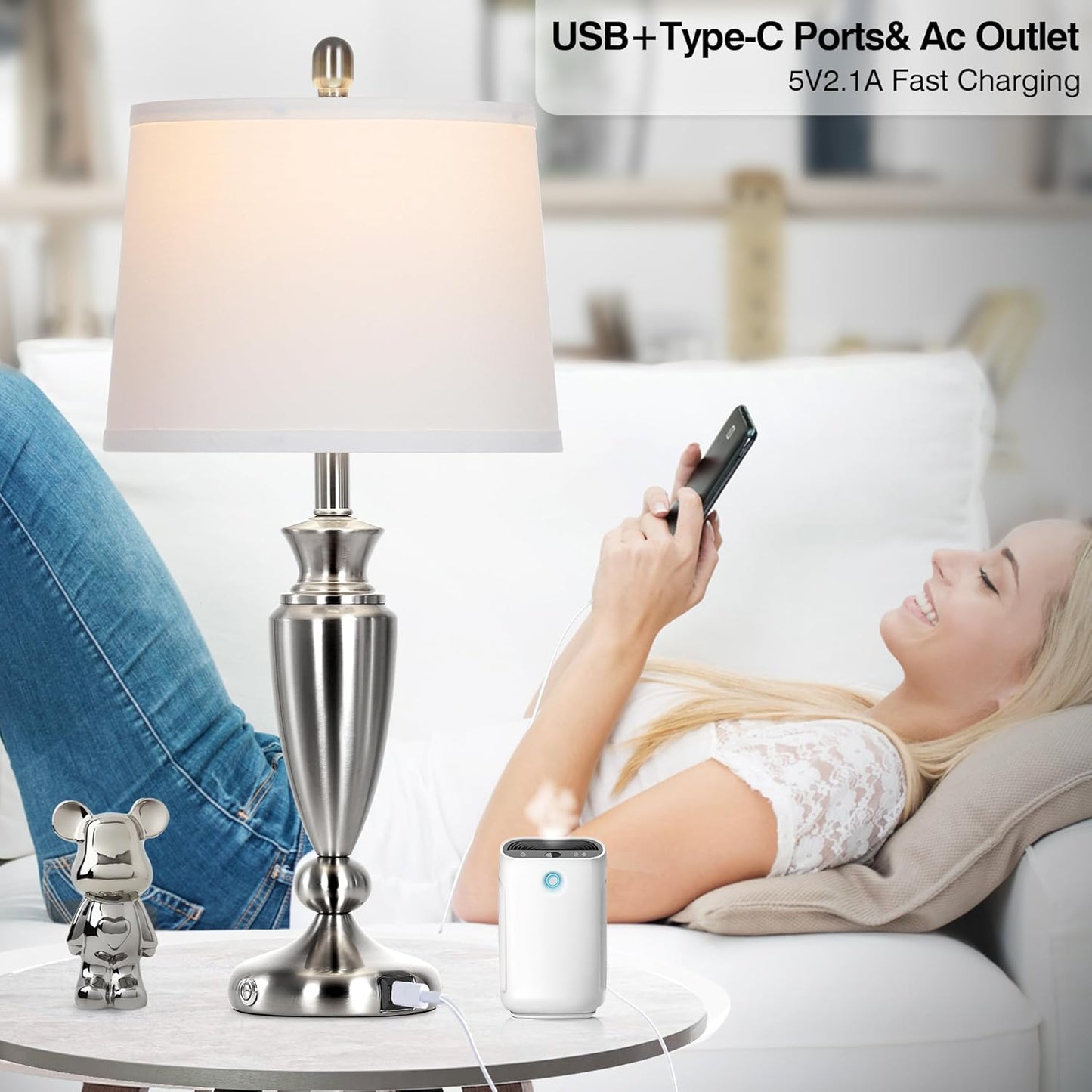 Metal Table Lamps Set of 2, 3 Way Touch Control Silver Bedside Lamps with USB A+C Ports, Modern Brushed Nickel Nightstand Lamps for Bedroom Living Room