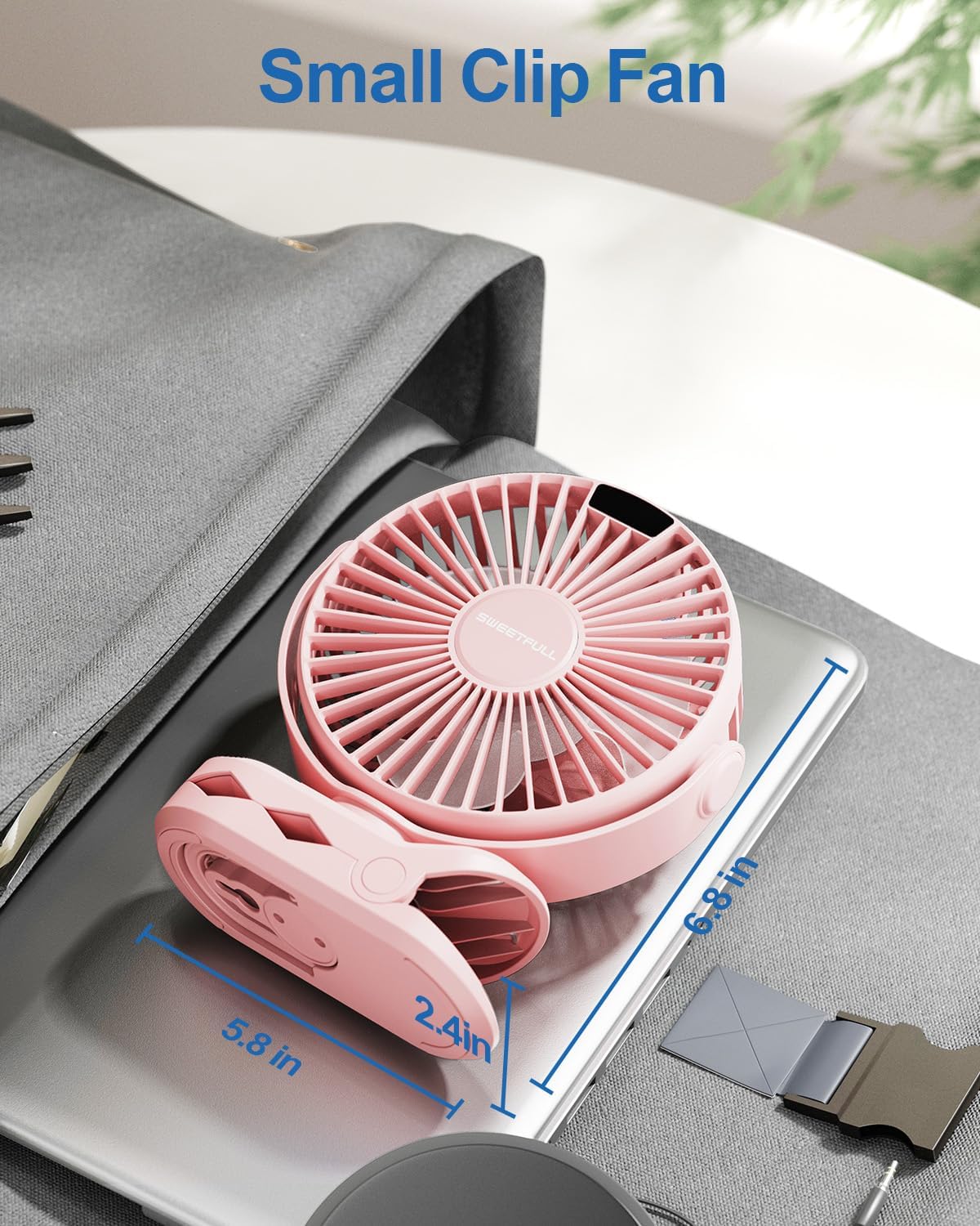 SWEETFULL Portable Clip on Fan - Battery Operated Rechargeable Fan with LED Display, 4 Speeds, Mini Personal Cooling Desk Fan for Golf Cart Travel Camping Gym - White