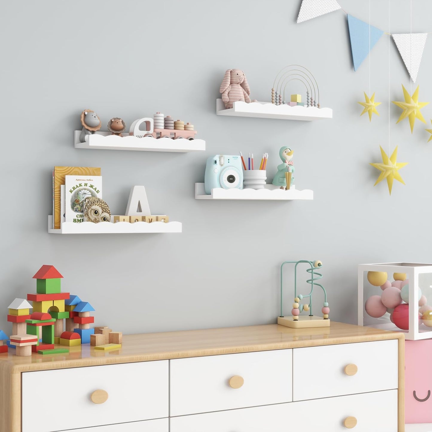 Fun Memories Picture Ledge Shelf for Wall, 16 inch Pine Wood Nursery Book Shelves Set of 4- Wall Book Shelves for Kids Room, Home Decor - Kitchen Spice-White