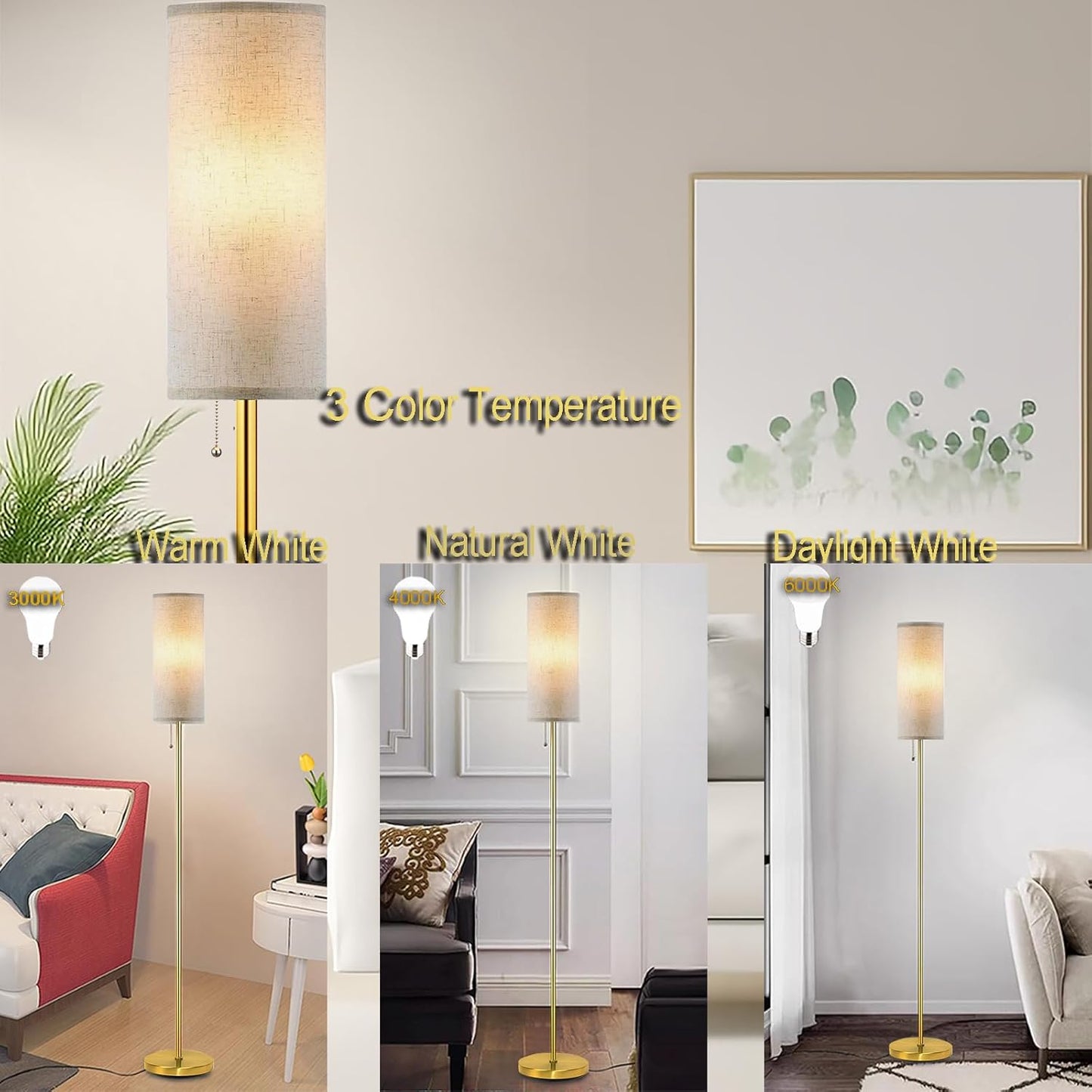 Modern Floor Lamp for Living Room, Gold Standing Lamps with 3 Color Temperatures Bulb, Minimalist Tall Lamp with Chain Switch for Bedroom, LED Bulb Included(Beige Shade+Gold)