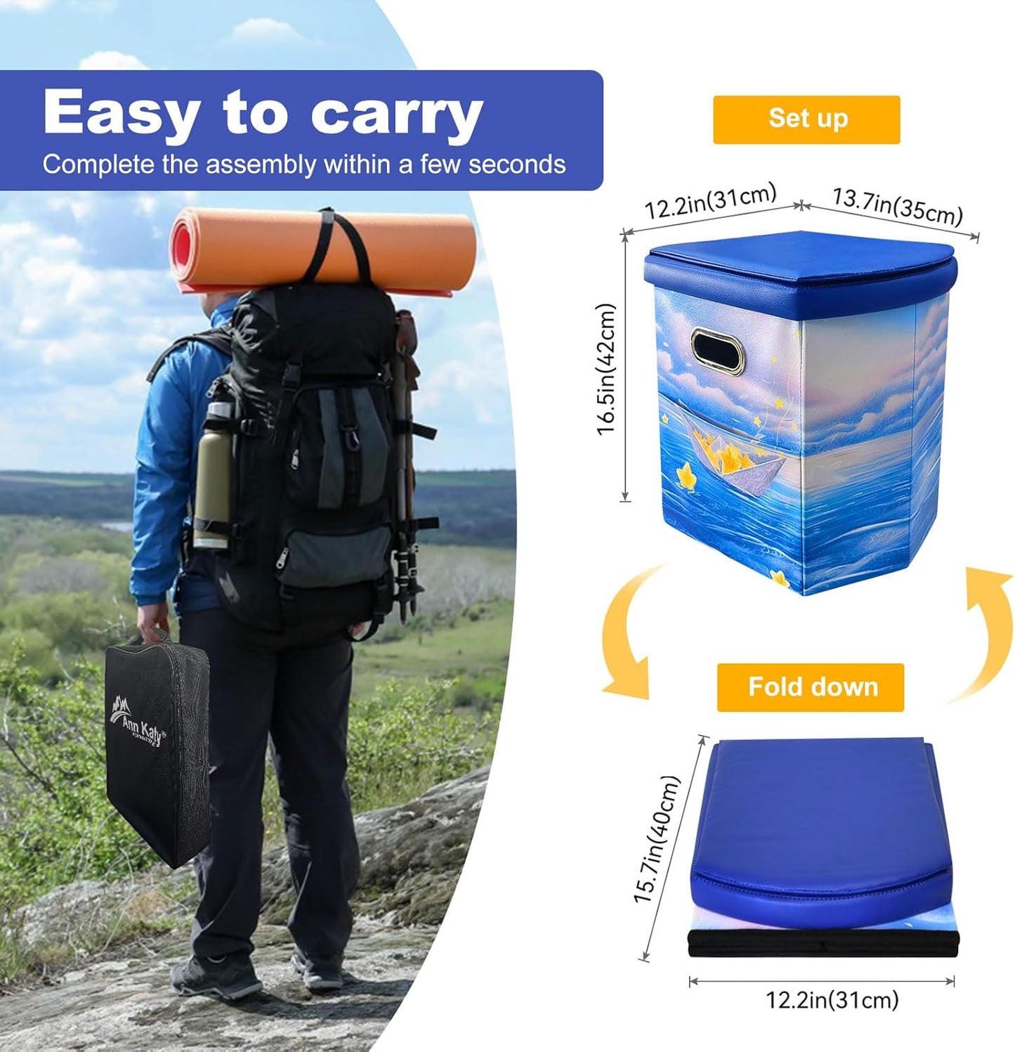 Upgrade XL Portable Toilet for Adults, Extra Large Portable Travel Floding Toilet, Camping Tall Toilets with Lid for Adults and Kids Compact Potty for Car,Hiking,Beach and Camping