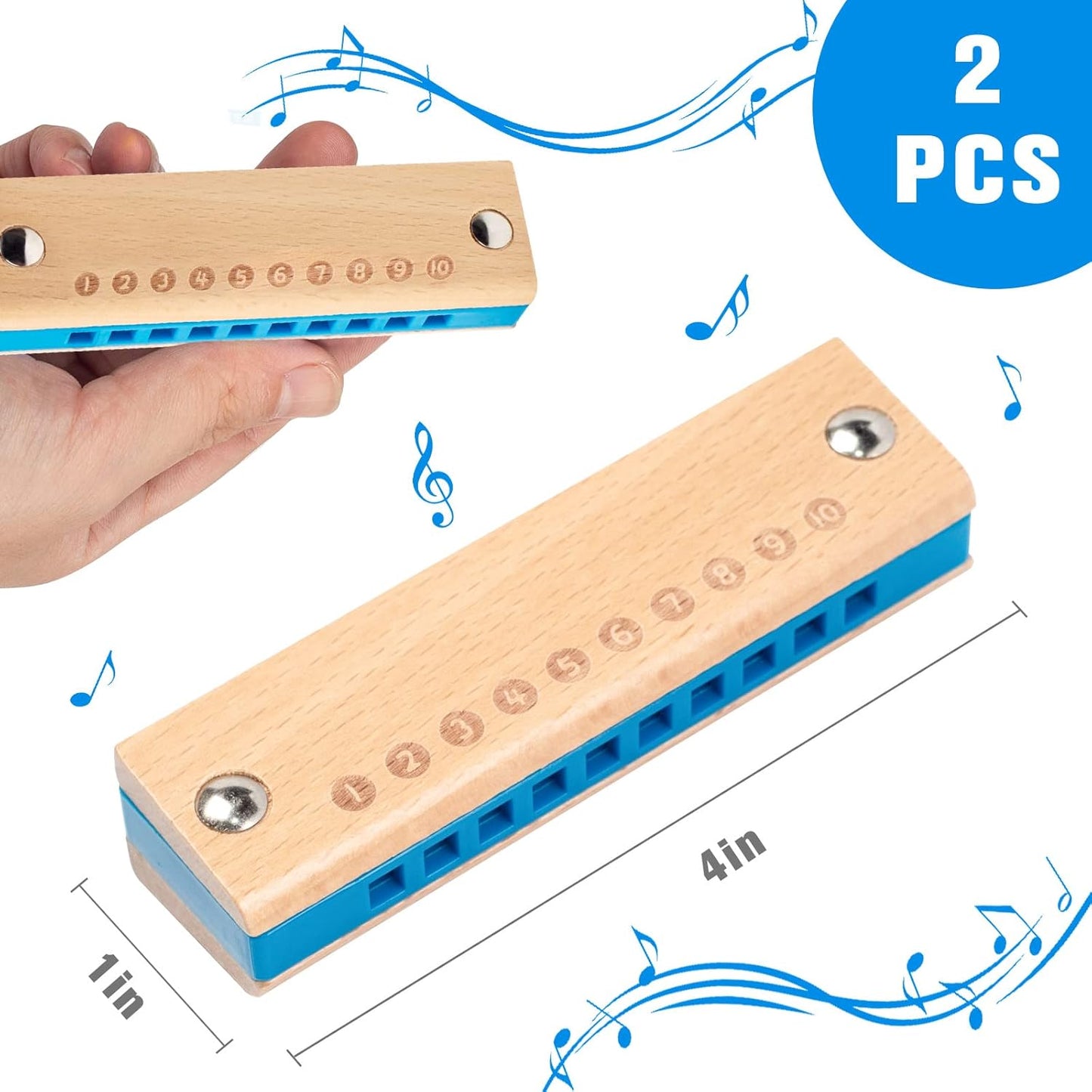 Koogel 2PCS Kids Harmonica, 10 Hole Wooden Beginner Mouth Organ Toy Musical Instruments for Kids Adults Birthday Gifts