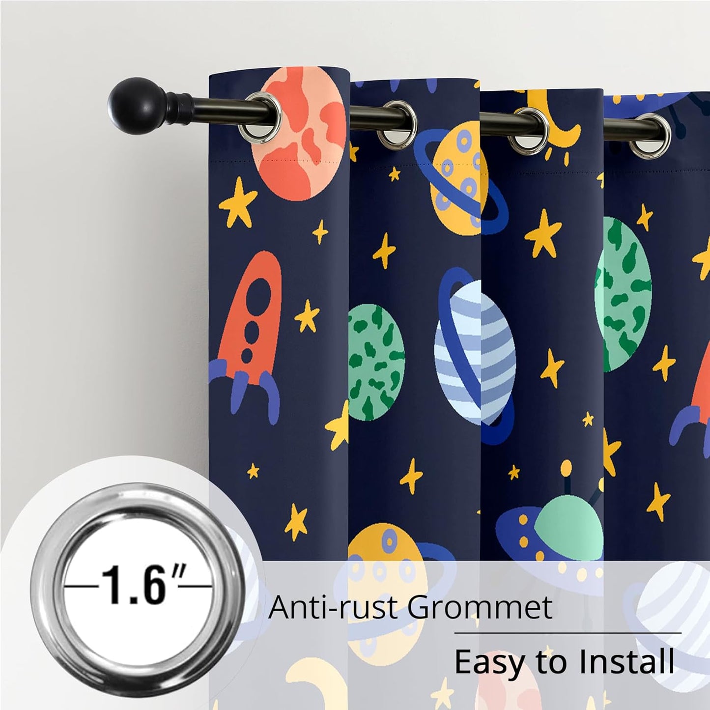 Kids Space Rockets Blackout Curtains - 100% Blackout, Thermal Insulated, Noise Reducing, Perfect for Kids Room and Nursery, 2 Panels (Color Pop Rockets, W52×L63)