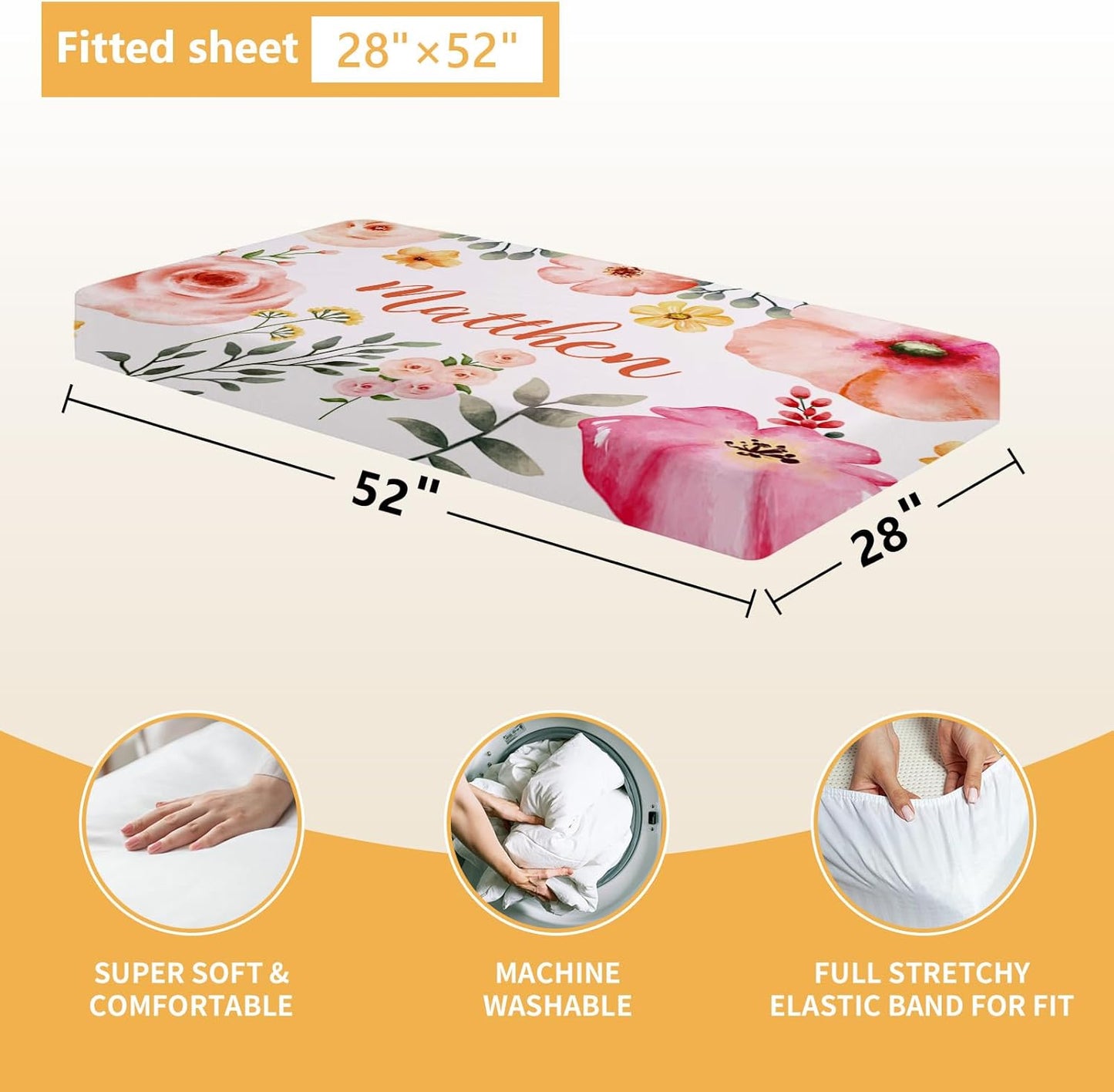 Custom Baby Bedding Set - 5 Pcs Customized Nursery Bedding Set with Name - Comfortable Double Layer Crib Sets for Girls Boys - Personalized Gifts for Toddler Infant New Parents - Orange Flowers