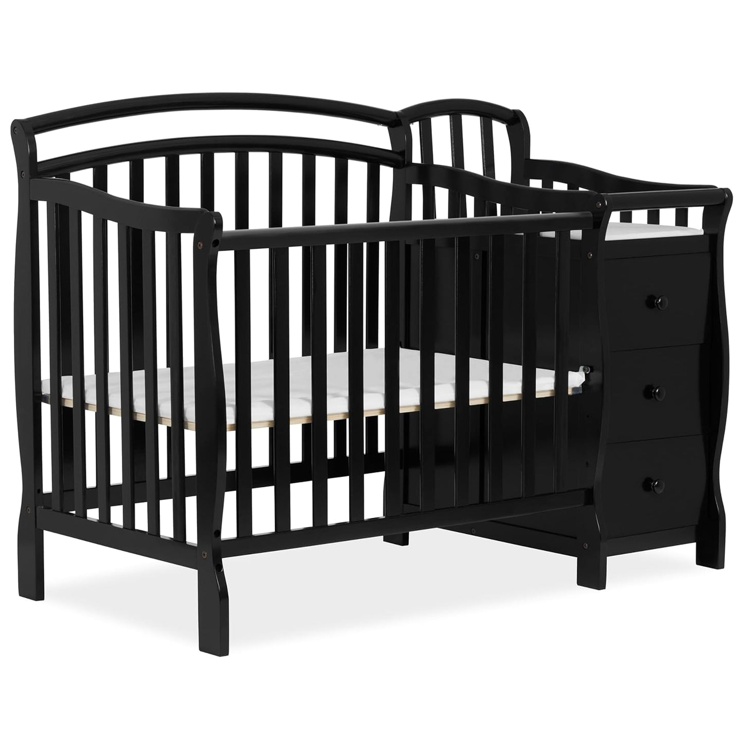 Dream On Me Casco 3-in-1 Mini Convertible Baby Crib & Changer with Storage in Black, Pinewood, GreenGuard Gold & JPMA, 1” Mattress Pad, 3 Mattress Heights, Converts to Mini Day & Twin-Size Bed