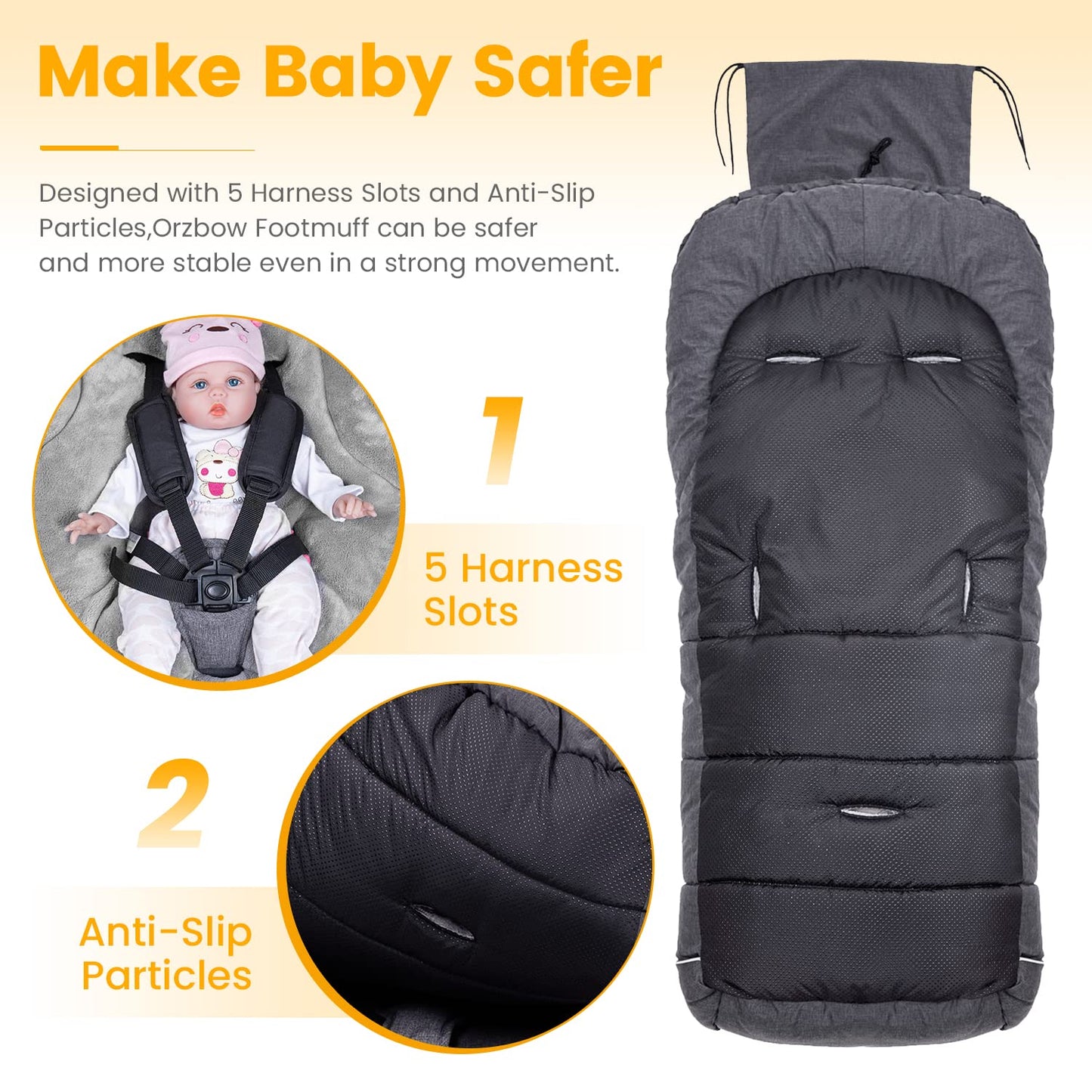 Orzbow Universal Stroller Footmuff, Winter Warm Baby Bunting Bag for Stroller - Cold Weather Zipper Strollers Sleeping Bag, Water-Repellent, Winter Essentials Must Have for Toddler Kids, Dark Grey