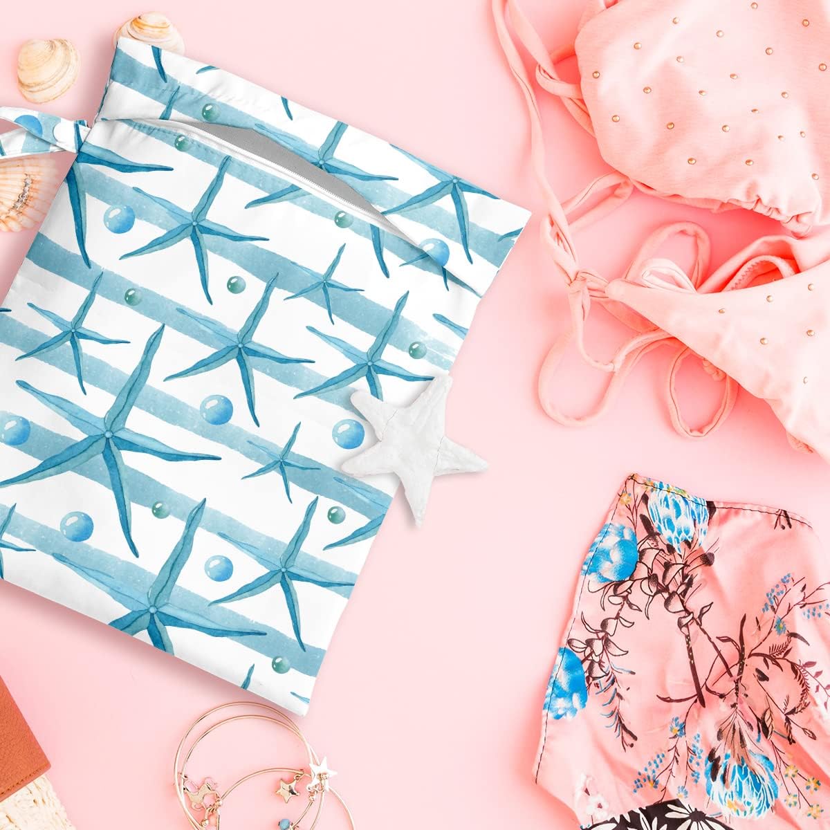 Wet Dry Bag for Swimsuit, Travel, Beach, Pool, Diapers, Dirty Yoga Gym Clothes, Makeup, Waterproof Reusable Beach Bag with Ocean Decor Starfish Sea Horse Anchor