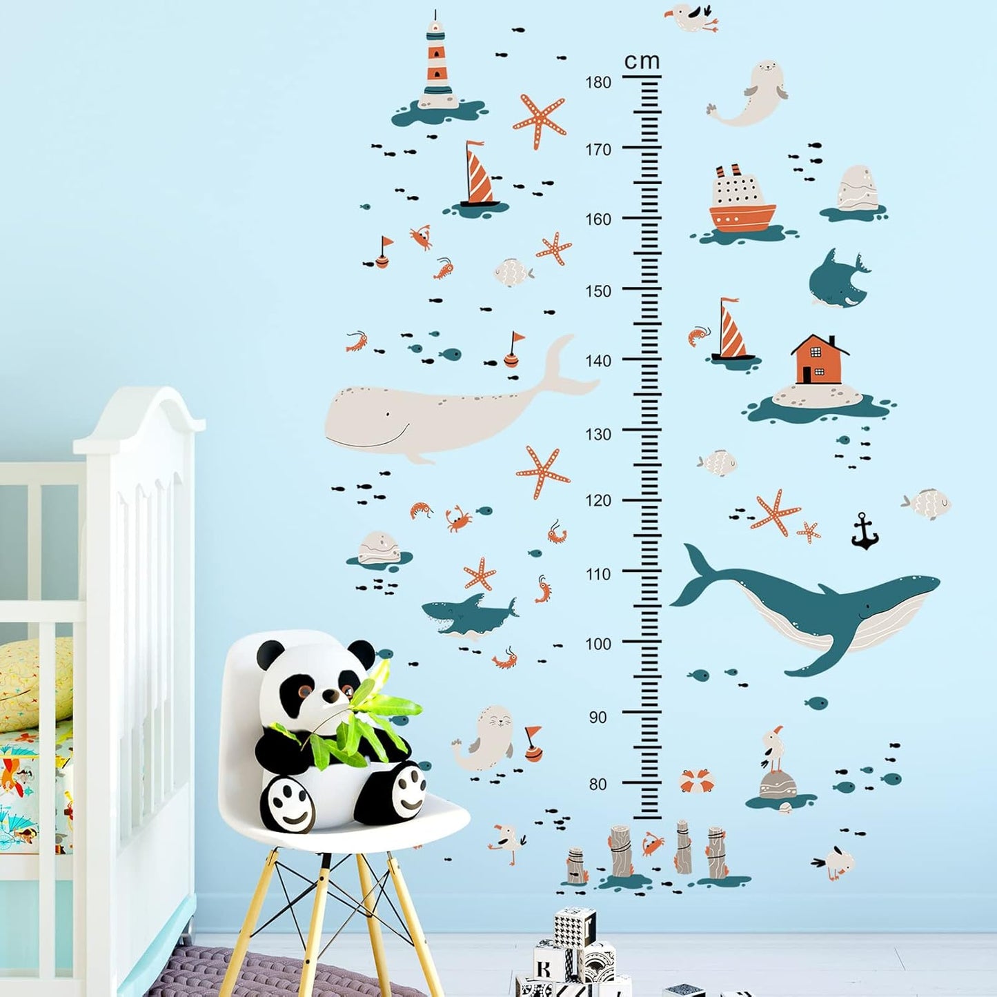 3D Cartoon Height Growth Chart for Kids Wall Decal Removable DIY Whale Ocean Animal Wall Decal Peel and Stick Sailing House Art Decor for Kids Nursery Bedroom Living Room Bathroom Decor
