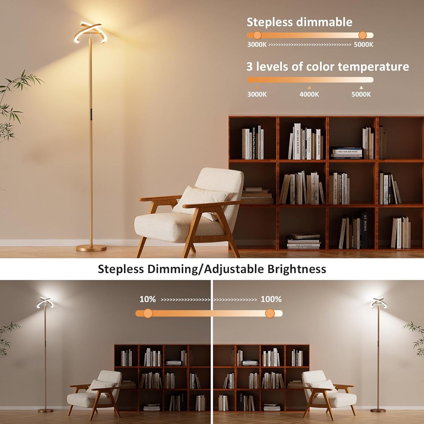 Floor Lamps for Living Room, 40W/2400LM LED Floor Lamp with Touch & Remote Control, 70" Tall Standing Lamp Stepless Dimmable, Modern Torchiere Corner Lamp for Bedroom, Office - Brown