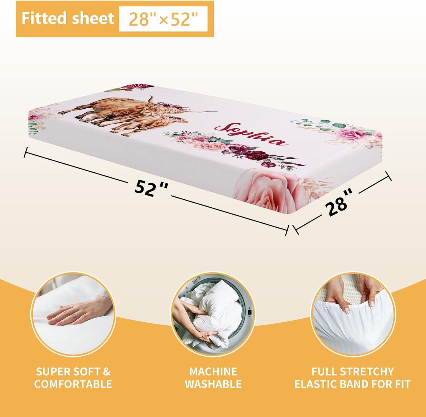 Custom Baby Crib Bedding Set, 5 Pcs Personalized Name Baby Crib Sets for Infant Toddler, Purple Highland Cow Nursery Bedding Set for Baby Girls, Double Layer Baby Bedding Sets Customized Gifts