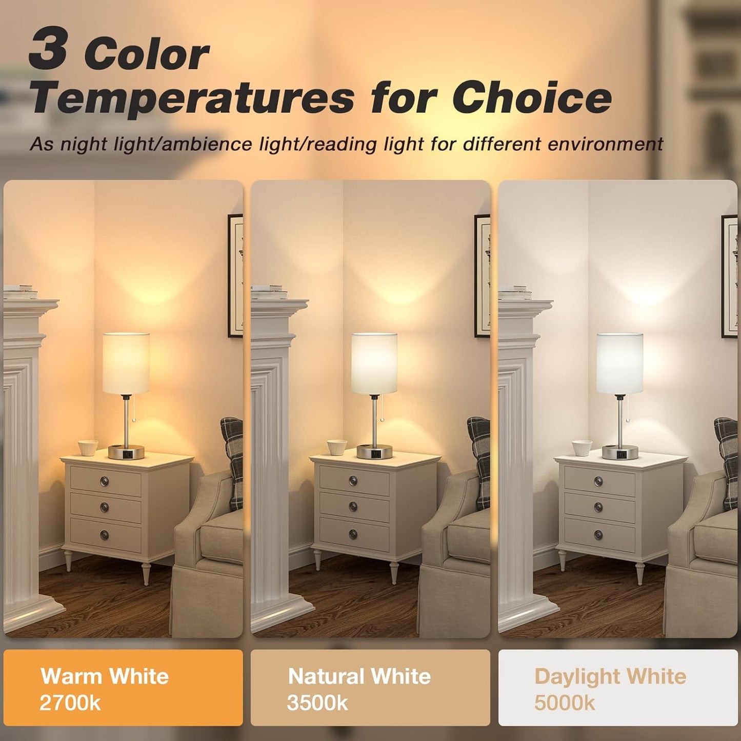 Dicoool White Bedside Lamp for Bedroom - 3 Color Temperatures Desk Lamp with USB C and A Ports, Pull Chain Table Lamp with AC Outlet, Nightstand Lamp with Silver Metal Base for Kids Girls