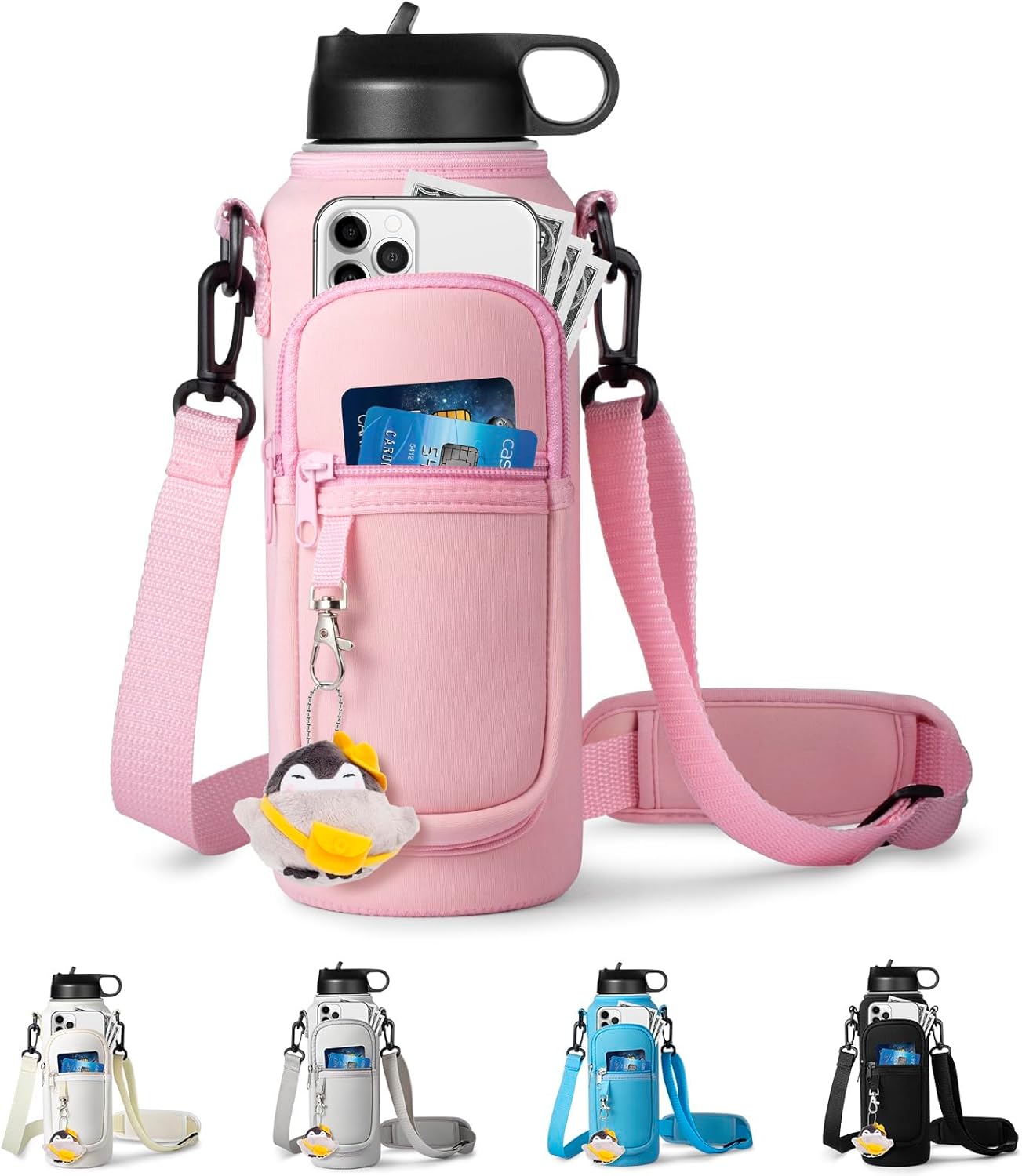 Water Bottle Holder with Strap for Hydroflask 32oz 40oz Insulated Water Bottle, Carrier Sling Bag with Phone Pocket Sleeve for Men Women Hiking Camping Travelling