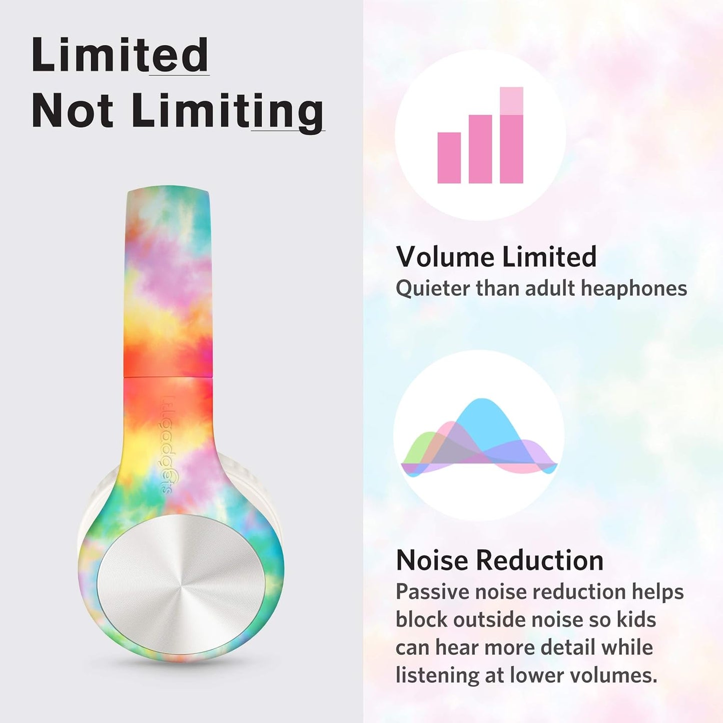 LilGadgets Connect+ Pro Kids Headphones with Mic and Cord, SharePort Technology, Over-Ear Foldable Headset, Volume Limit 93db, Wired Inline 3.5mm Jack for School - Tie Dye Rainbow Headphones for Kids