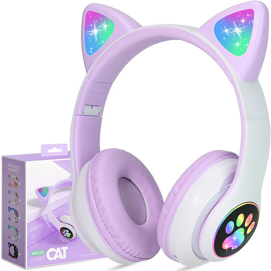 TCJJ Kids Wireless Headphones - Cat Ear LED Light Up, Bluetooth 5.4, Safe Volume Limit, Noise Cancelling with Mic & TF Card for Girls Boys Toddlers School (Purple)