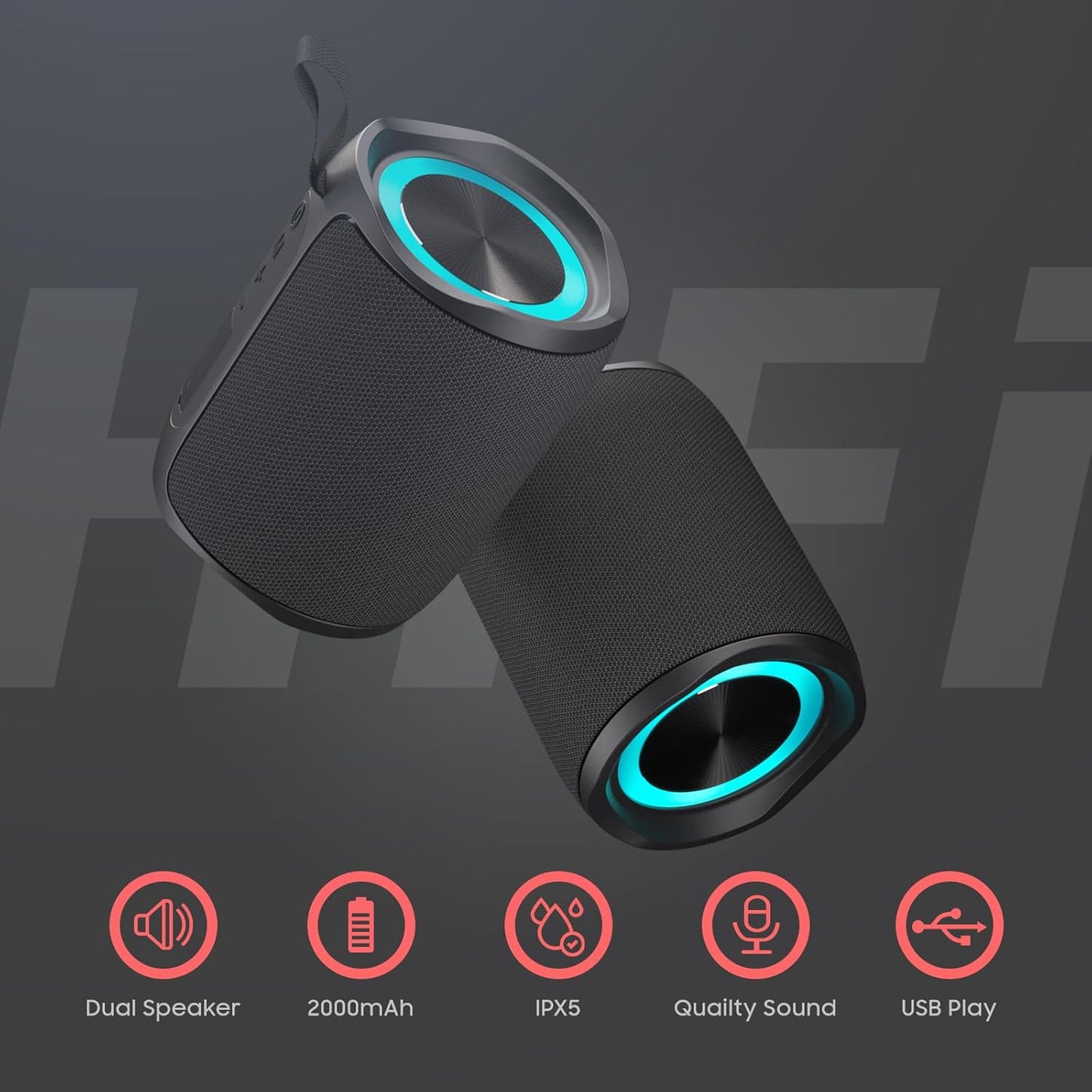 Speaker, Portable Wireless Speaker Waterproof IPX5 Bluetooth 5.3 Speakers Loud Stereo Sound with LED Light TWS Speakers Suitable for Travel, Home and Outdoor Travel, Black(06A)