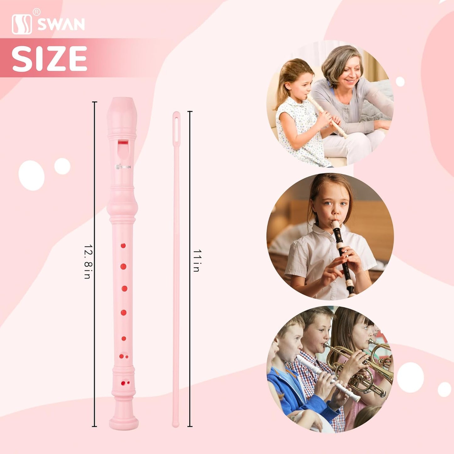 SWAN Soprano Recorder Instrument for Beginners Kids Student - German Fingering 8 Hole Flute Detachable 3pcs ABS Descant Recorders with Cleaning Rod and Fingering Chart, SW8K, Baby Pink