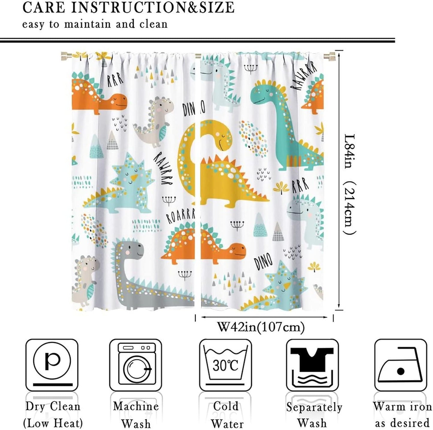 Dinosaur Curtains for Kids Boys Girls Home Decor Childish Cute Dino Animals Print Pattern Rod Pocket Blackout Window Drapes for Nursery Baby Bedroom Playroom W42xL84in 2 Panels