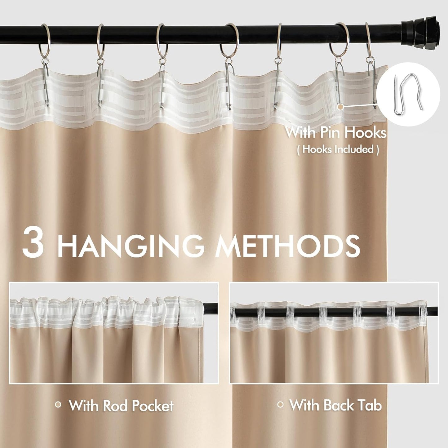 MIULEE Beige Back Tab Blackout Curtains 63 Inch Length 2 Panels Set for Living Room Bedroom Privacy, Rod Pocket/Pinch Pleat Thermal Insulated Room Darkening Pleated Light Blocking Drapes