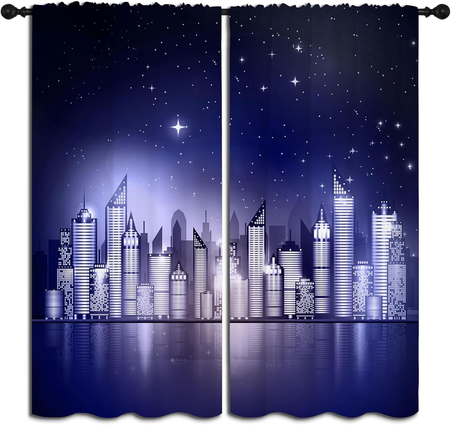 City Rod Pocket Blackout Curtains for Boy Girl Bedroom, New York Skyline Modern City Starry Sky Night View Thermal Insulated Home Window Drapes for Living Room Darkening, 84x72 inch