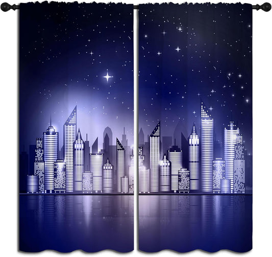 City Rod Pocket Blackout Curtains for Boy Girl Bedroom, New York Skyline Modern City Starry Sky Night View Home Energy Efficient Light Filtering Window Curtain for Living Room, 84x84 inch